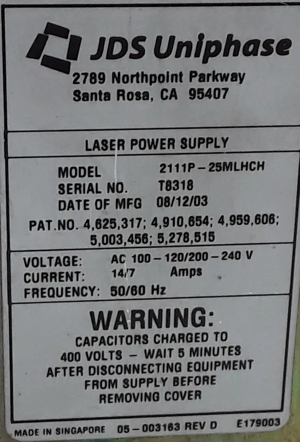 JDS Uniphase LASER POWER SUPPLY T8318 - 25MLHCH 120V/220V 50Hz/60Hz Used Lab Equipment