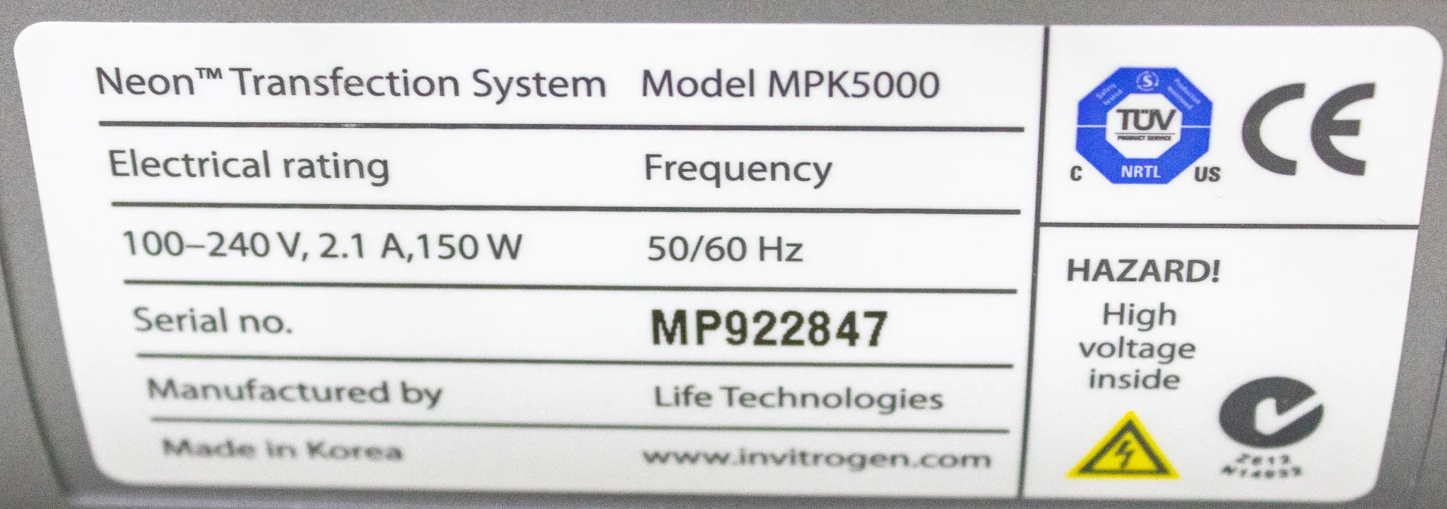 Used Invitrogen Neon Transfection System MPK5000 Molecular Biology Lab Equipment