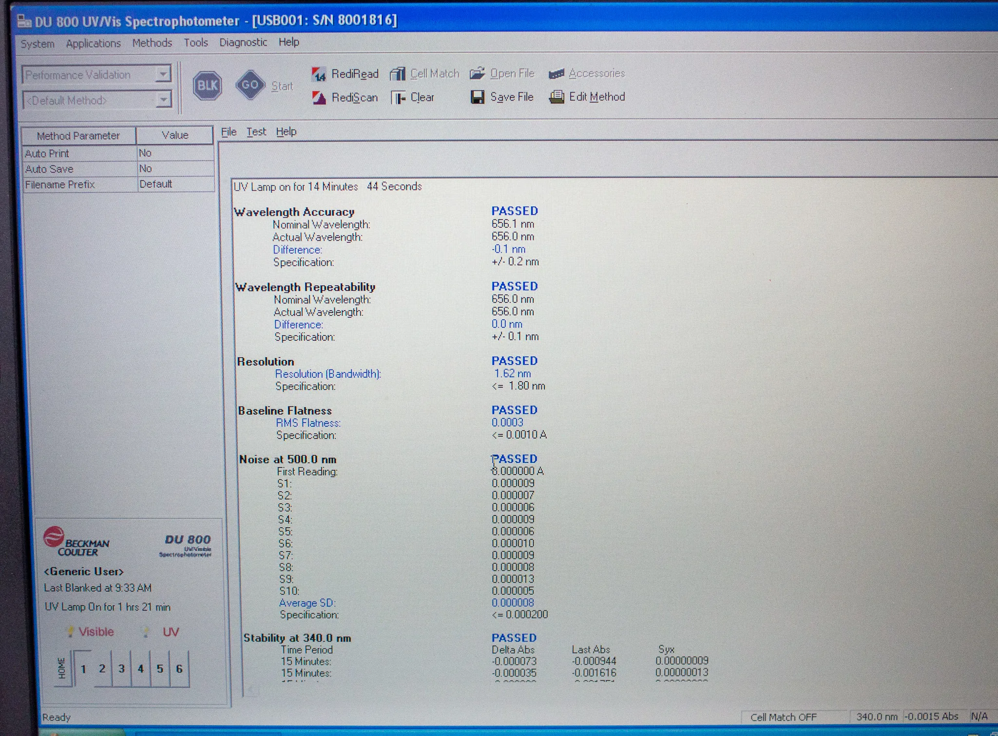 Beckman Coulter DU 800 UV/Vis Spectrophotometer with Standard Transport