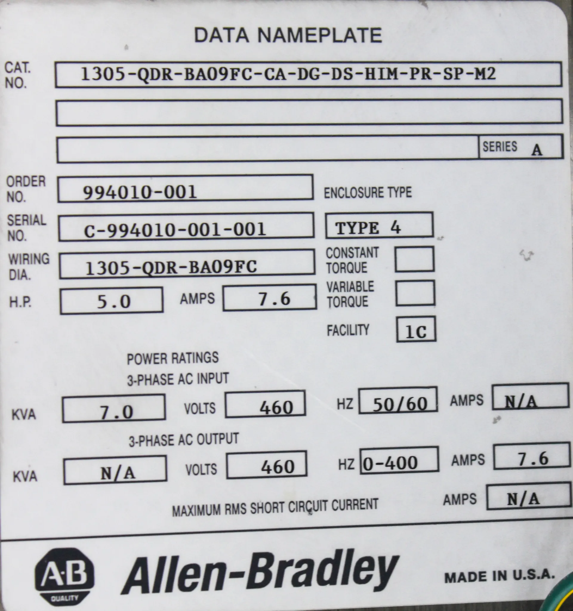 Allen Bradley 5412ESS Motor Control Center 994010-001/1305-QDR-BA09FC-CA Industrial Controller