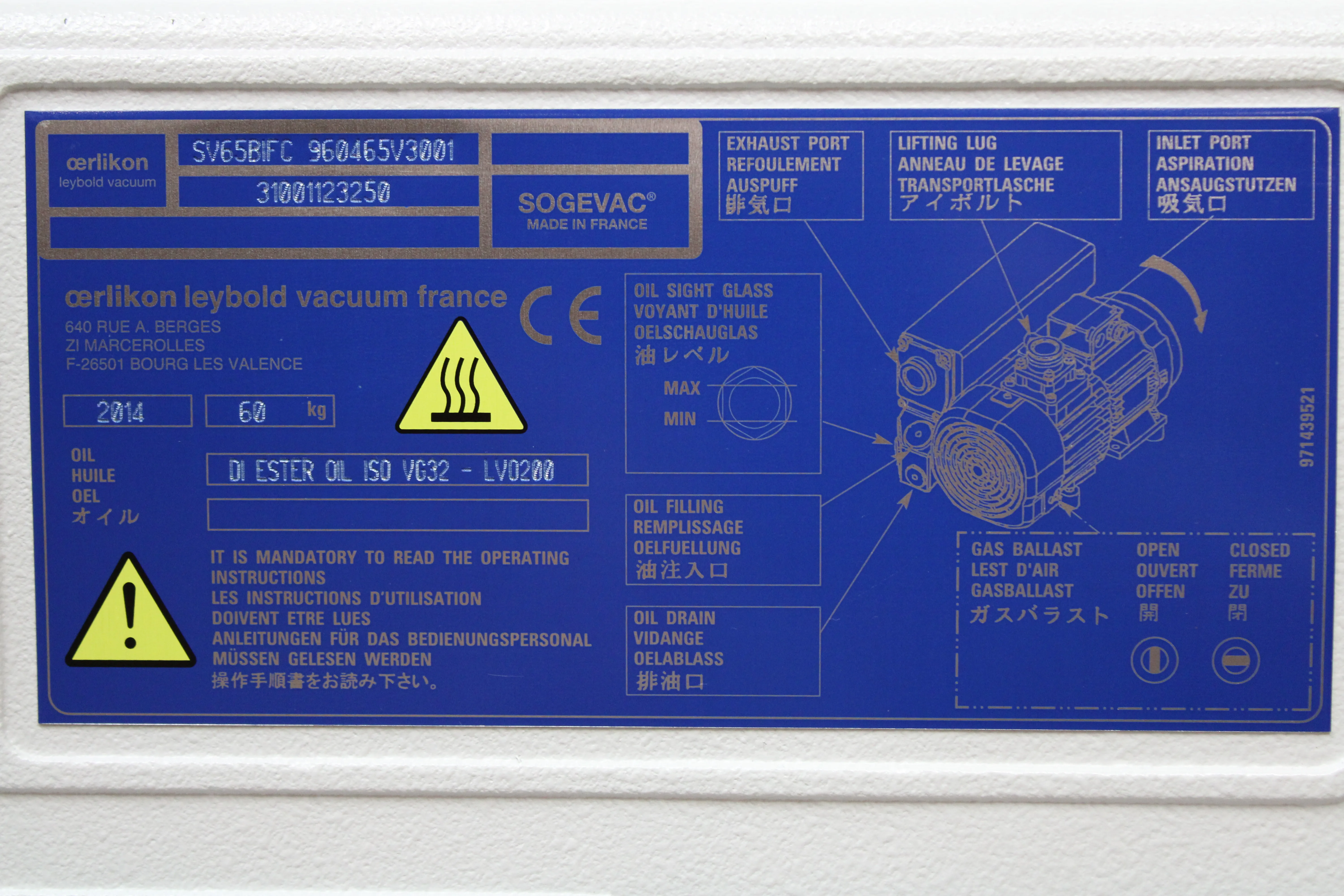 Leybold Sogevac SOGEVAC SV65BIFC 960465V013001 Vacuum Pump 230V 50Hz/60Hz Used in Good Condition