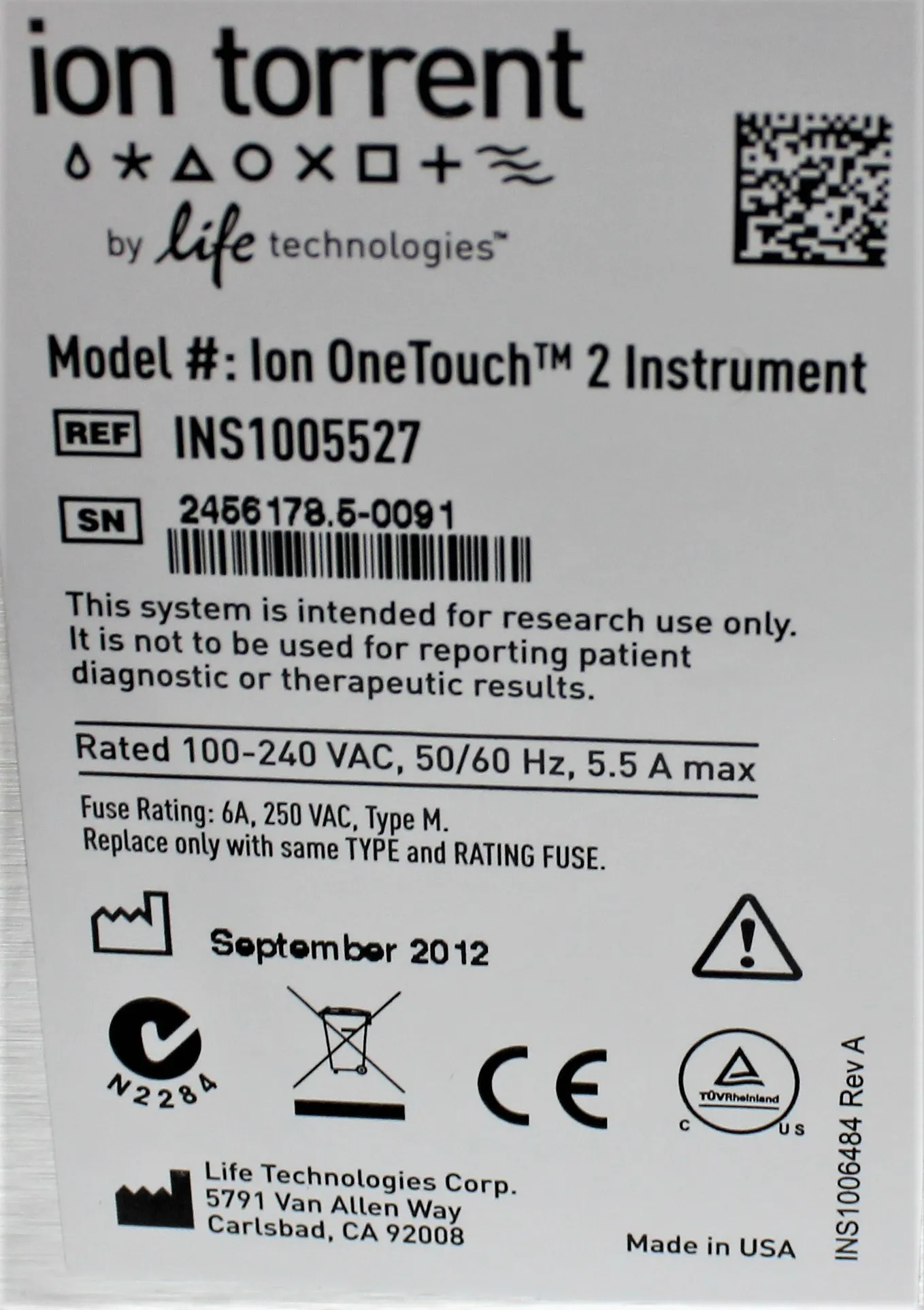 Life Technologies Ion OneTouch 2 Instrument INS1005527 DNA Synthesizer