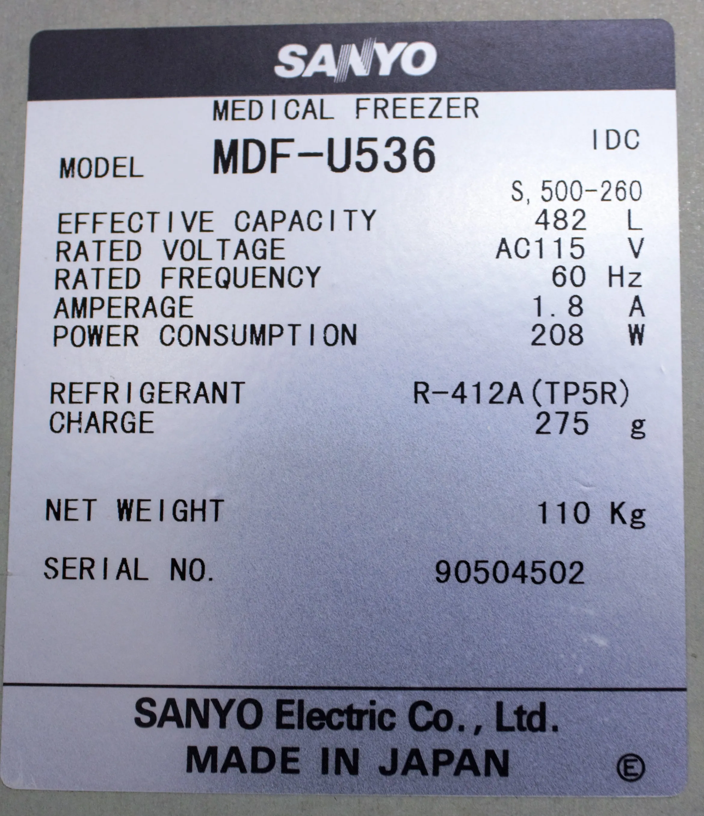 Sanyo MDF-U536 Biomedical Freezer 482 L - AS/IS - Powers on but does not  get cold