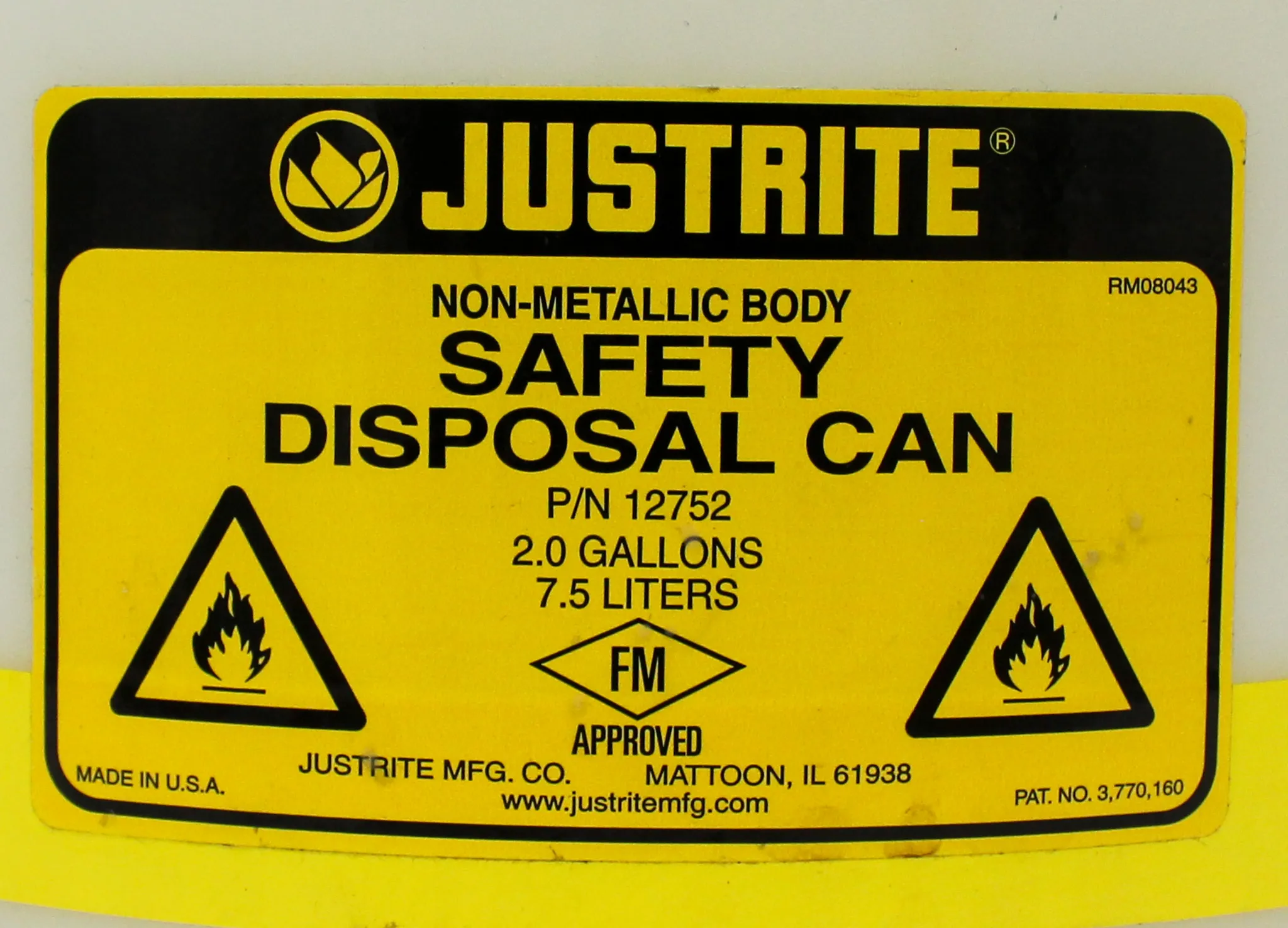 Justrite Safety Disposal Can 2.0 Gallons 7.5L P/N: 12752