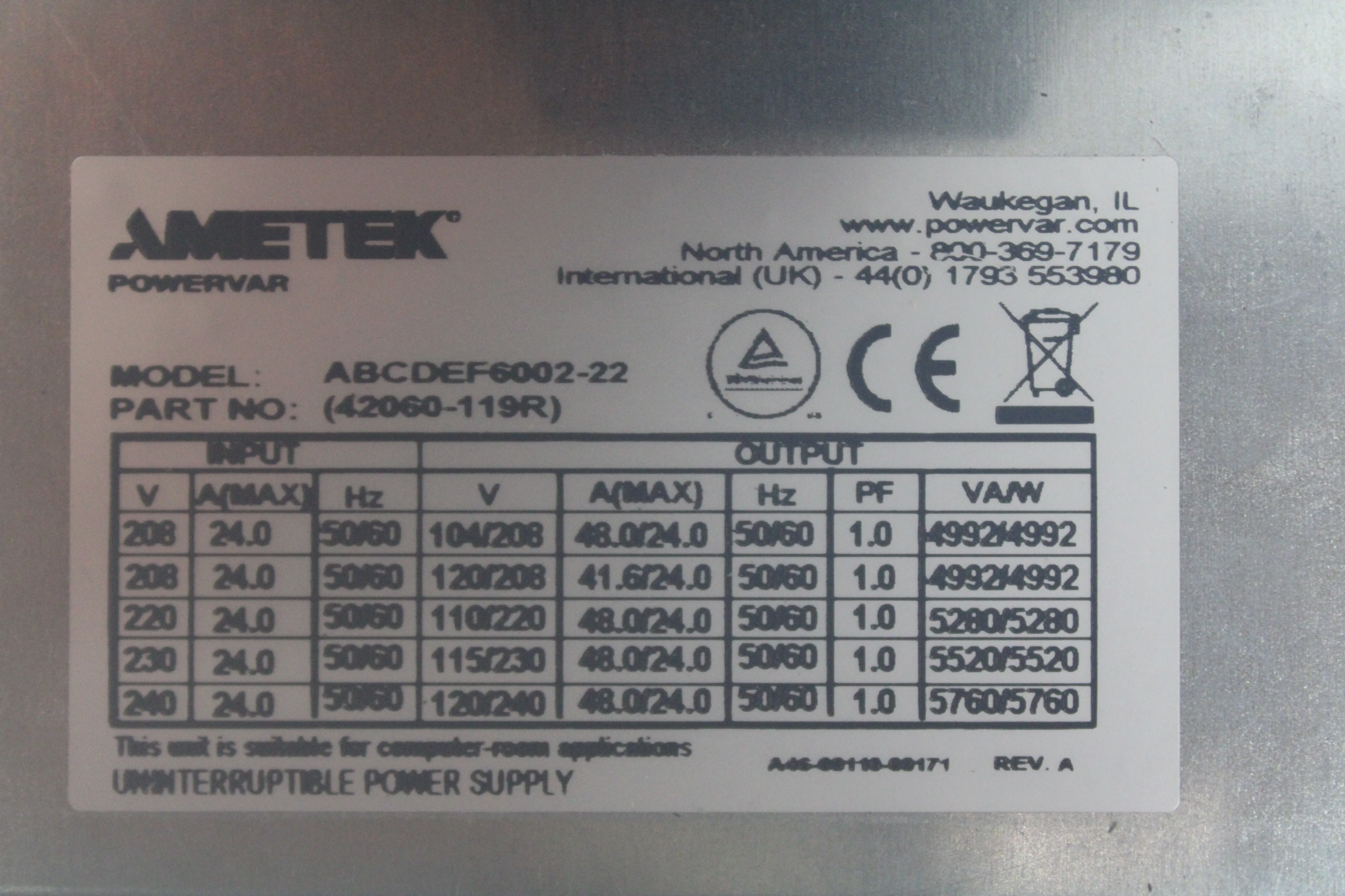 Powervar Security Plus II ABCDEF6002-22 UPS Battery Backup Power Model