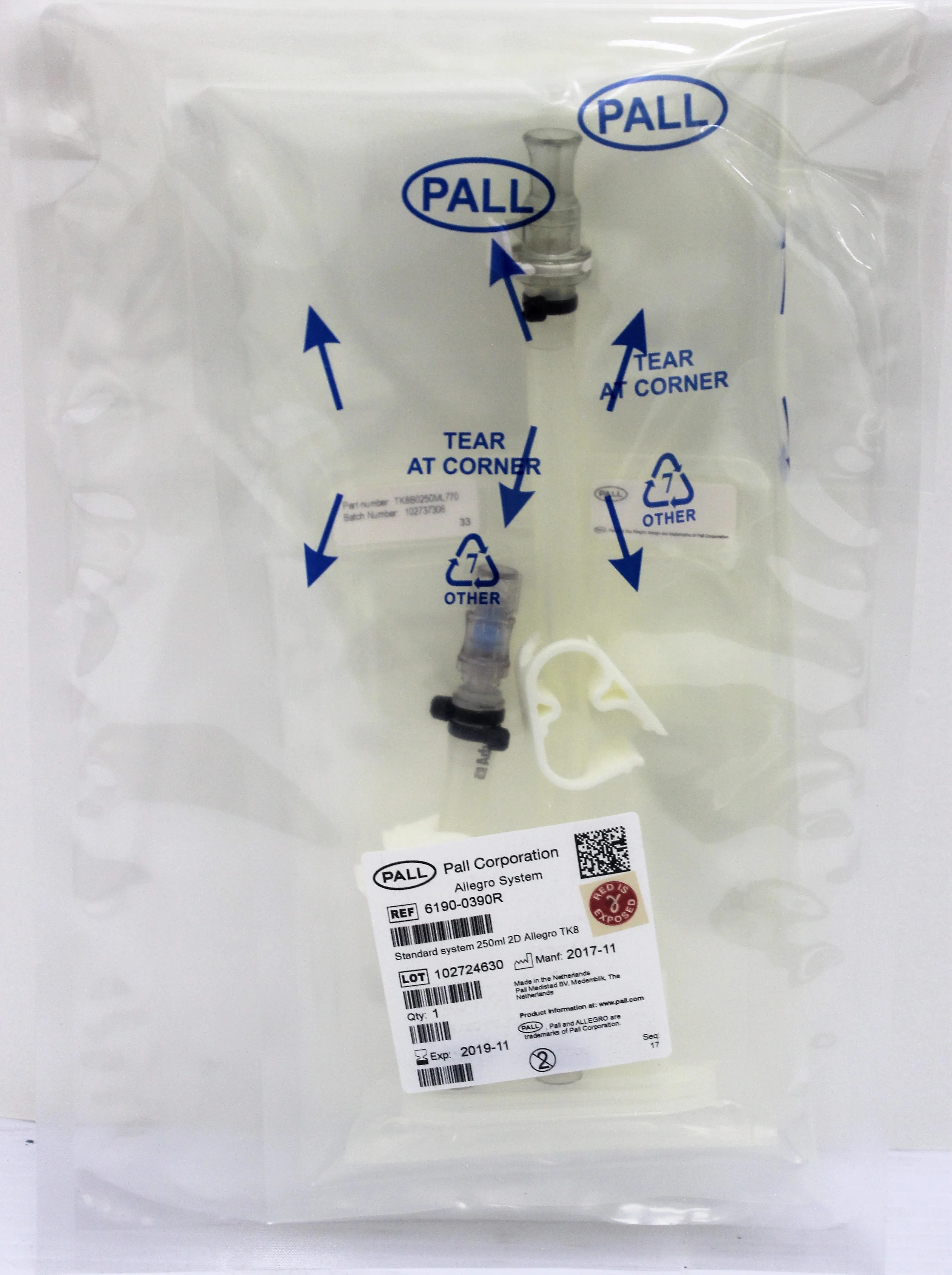 PALL Allegro TK8 250mL Standard System 2D 6190-0390R Bioprocessing Film Biocontainer