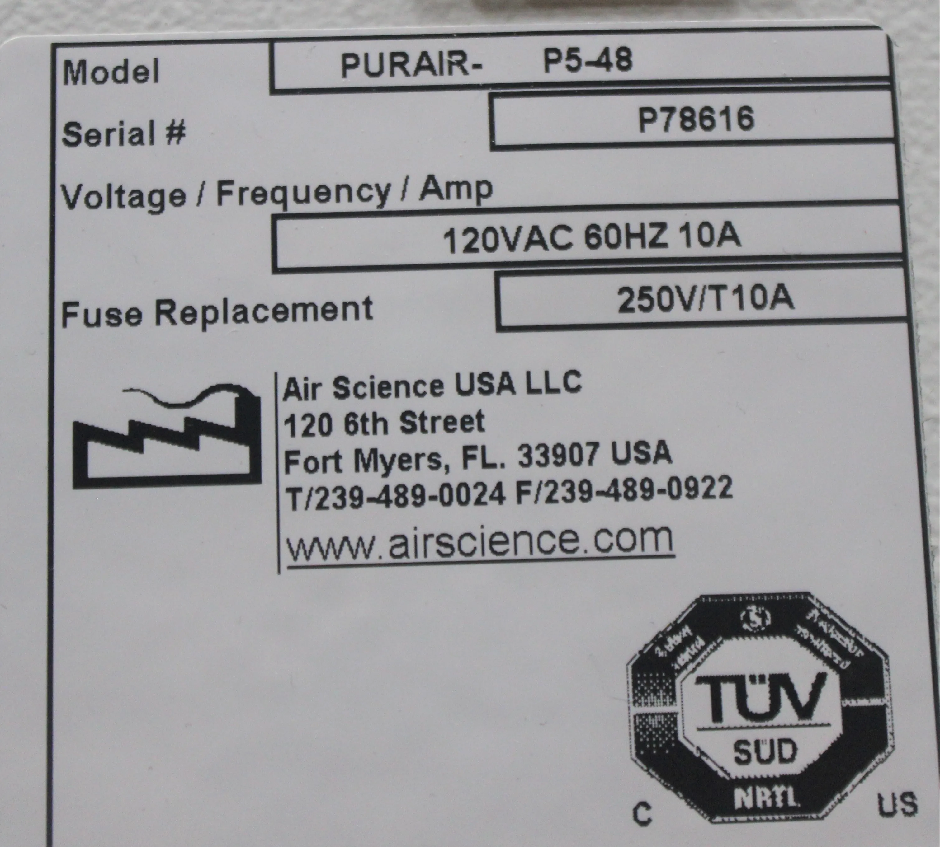 Air Science Purair PURAIR-P5-48 Fume Hood Used 220V 60Hz US R78616