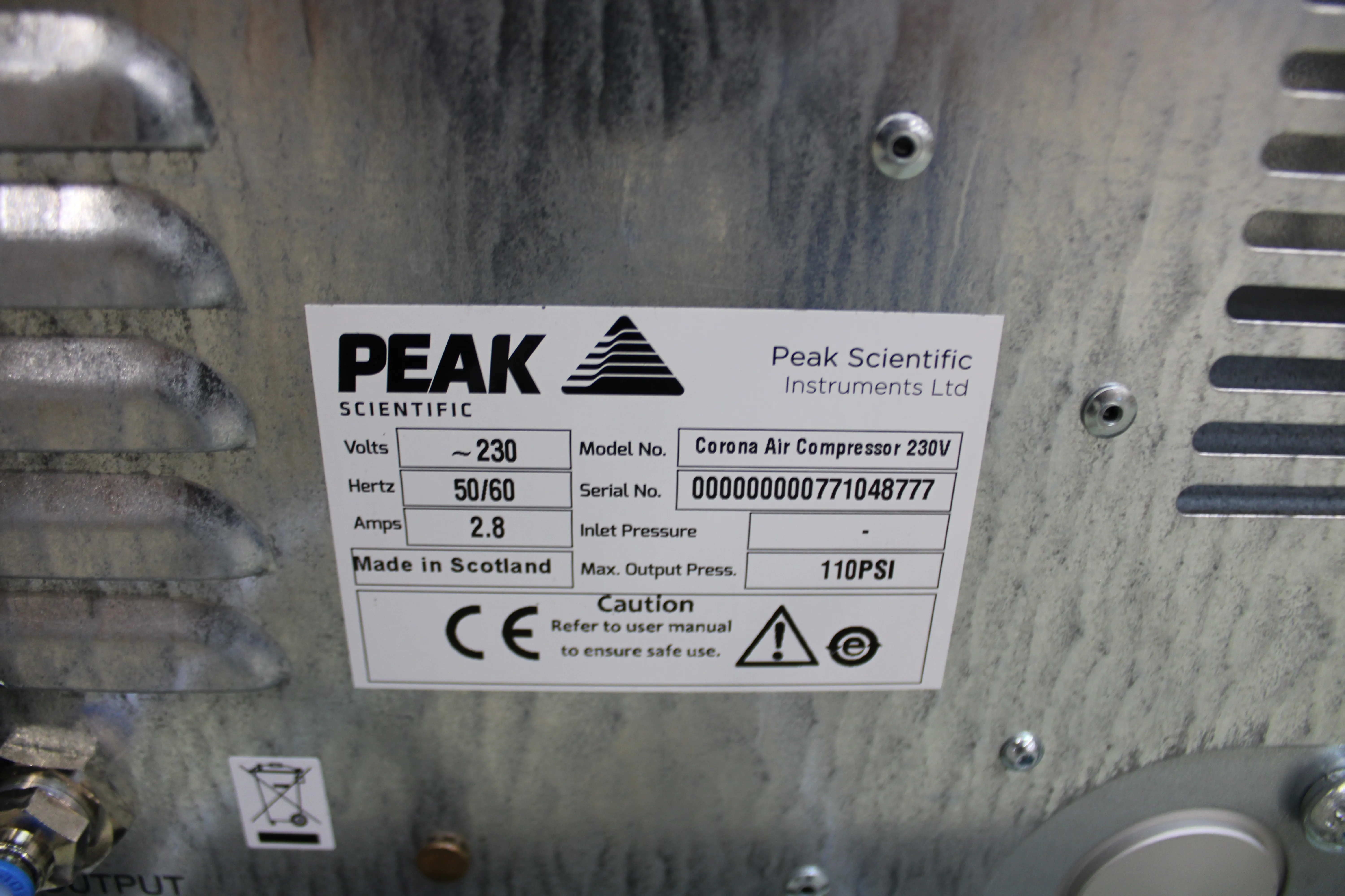 Used Peak Scientific Corona N2 Nitrogen Generator & Corona Air Compressor