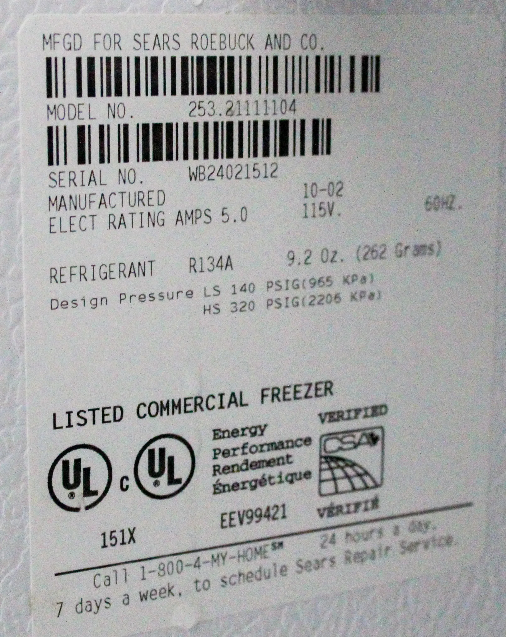 Kenmore Upright Commercial Freezer Model 253.21111104