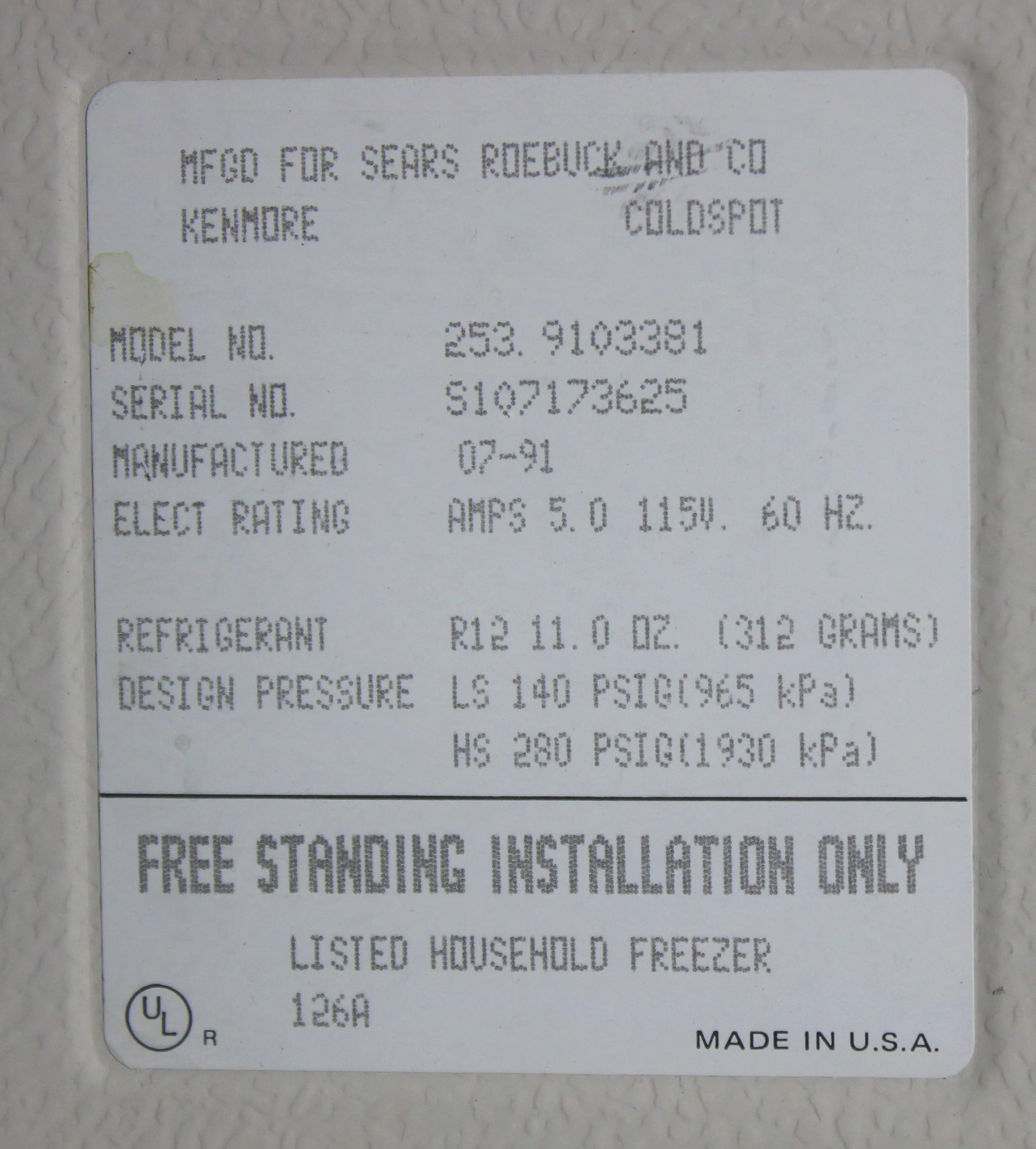 Kenmore Model 243.9103381 Chest Freezer