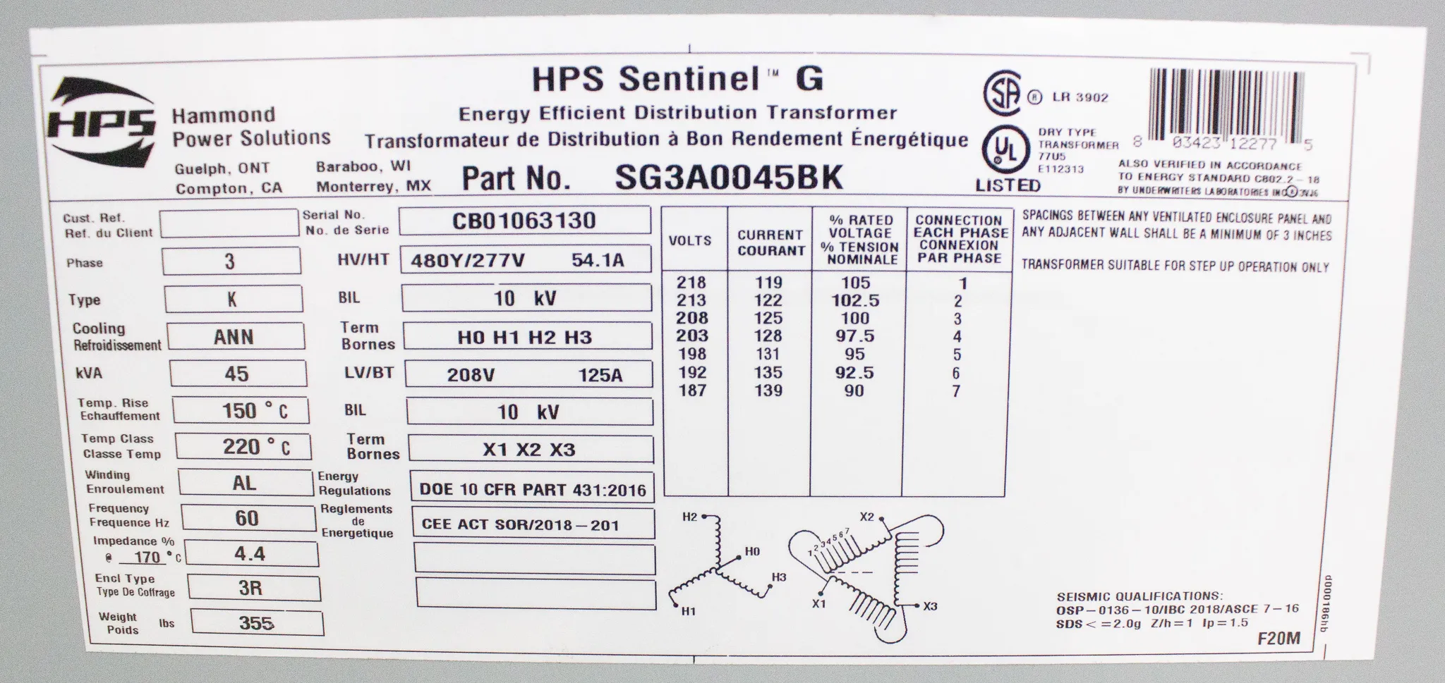 HPS Sentinel G General Purpose Distribution Transformer P/N SG3A0045BK