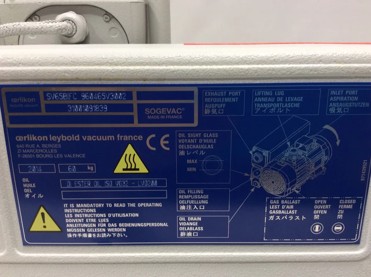 Sogevac SV65 BI FC Single Stage Oil Sealed Rotary Vane Vacuum Pump 1.1 Torr