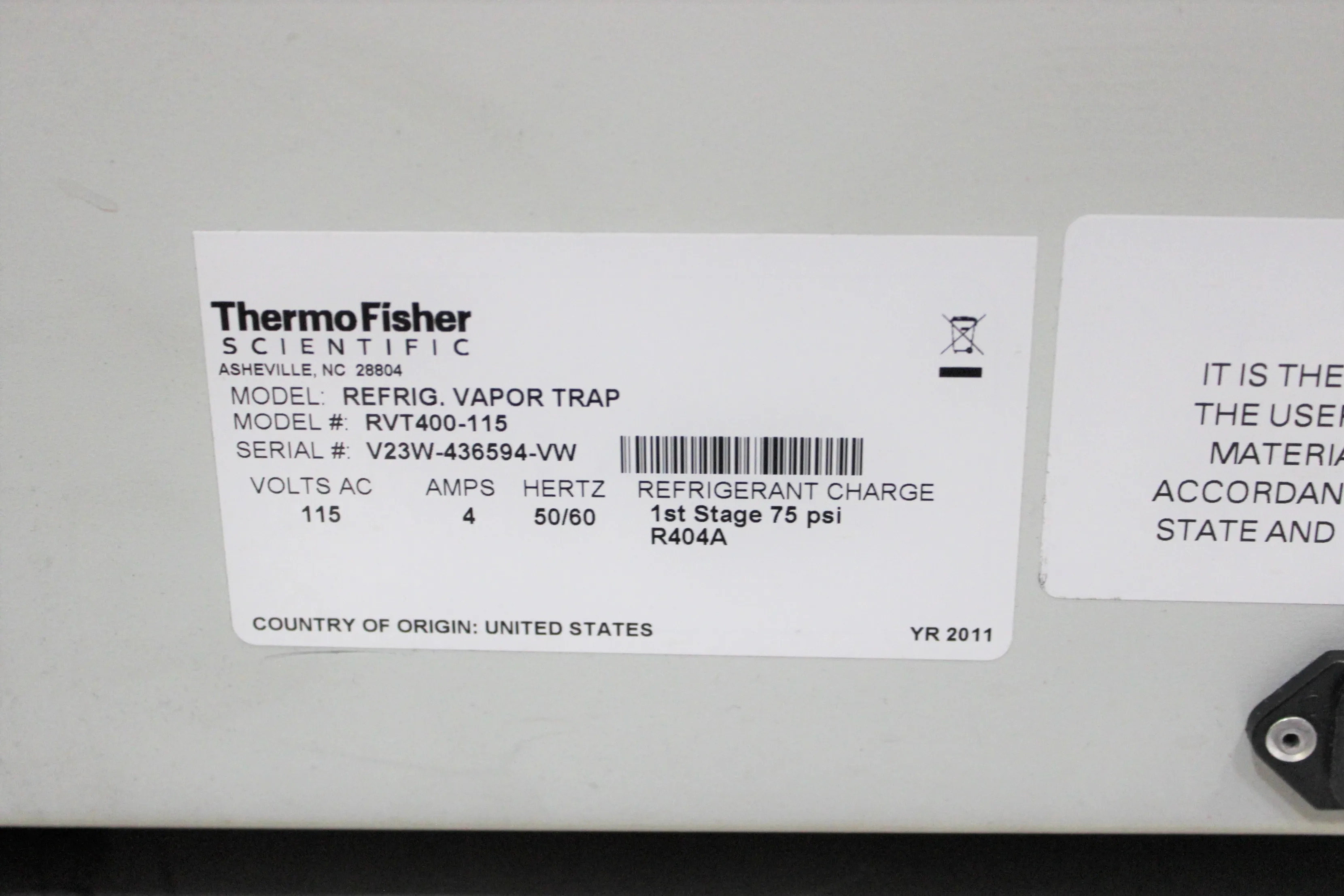 Thermo Fisher RVT400-115 Refrigerated Vapor Trap - Used Laboratory Equipment