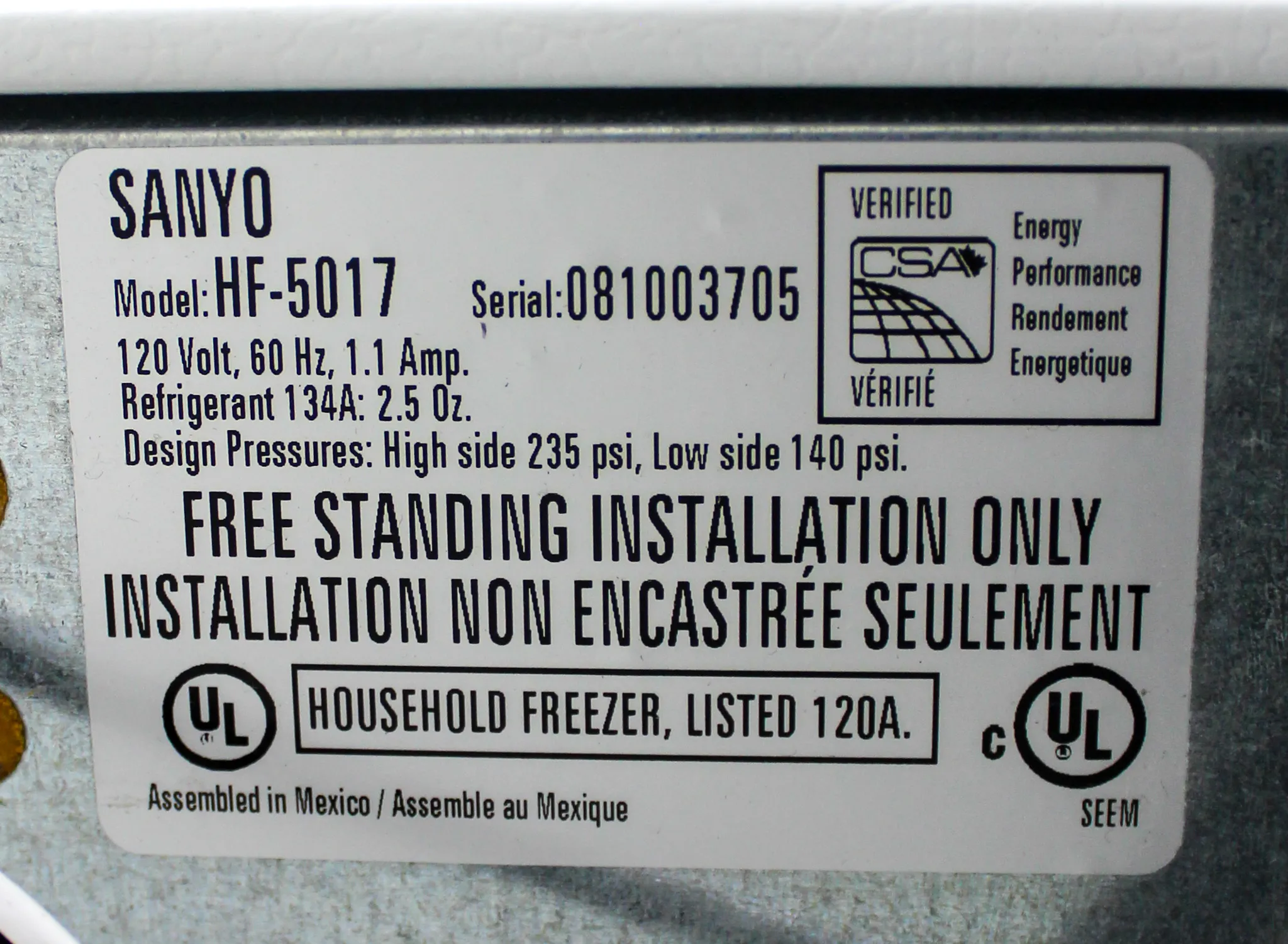 SANYO Under counter Lab Freezer -20C model: HF-5017