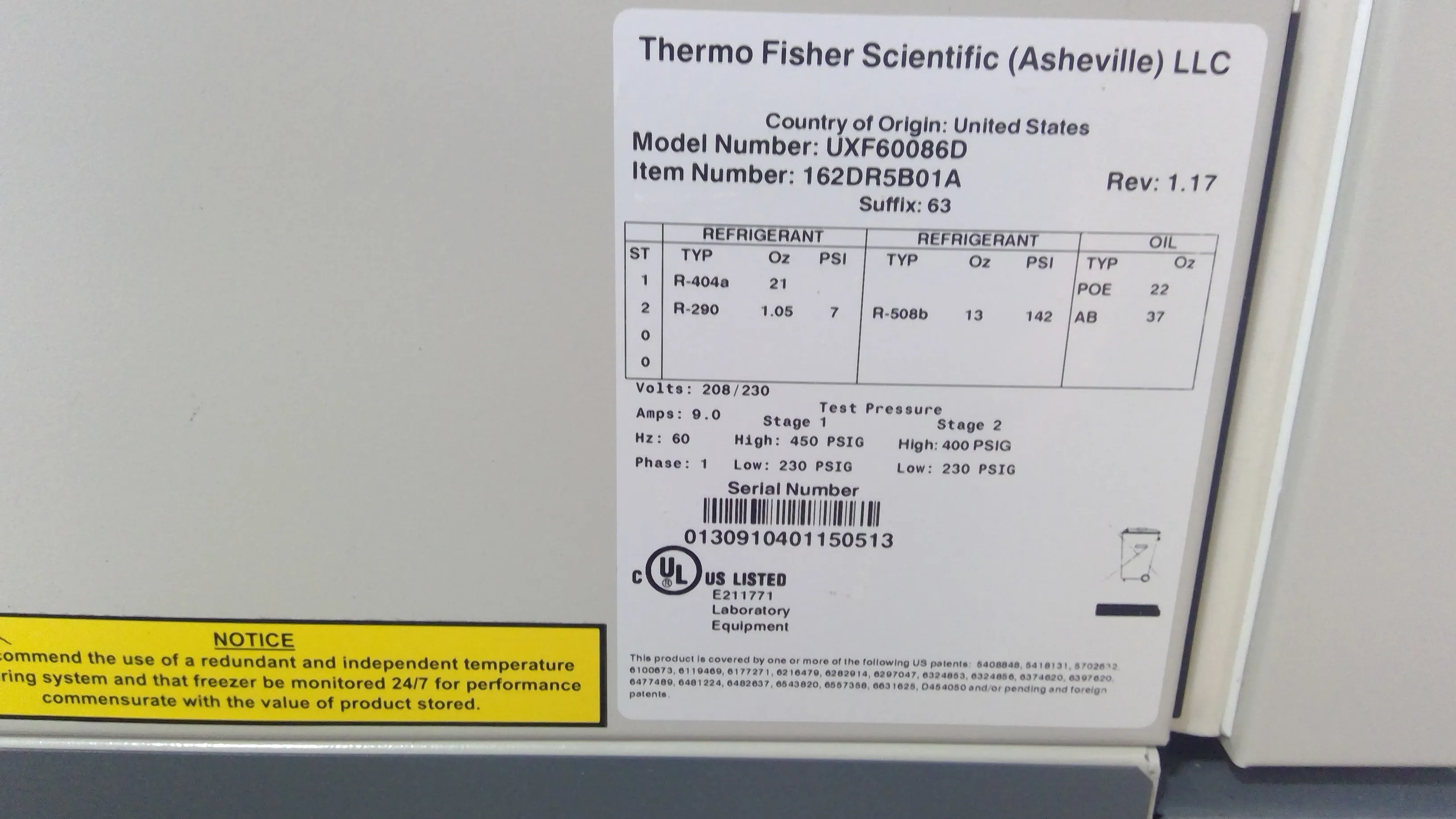 Thermo Scientific Revco UxF -86C ULT Ultra-Low Temperature Freezer UXF60086D