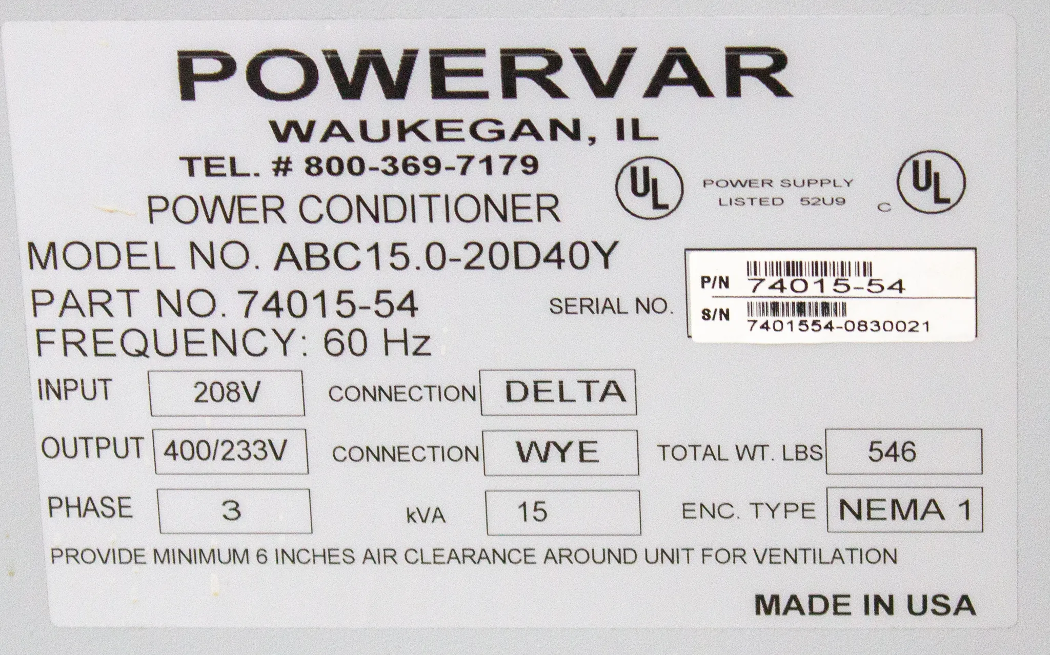 Powervar 2000 GPI Global Power Interface ABC15.0-20D40Y