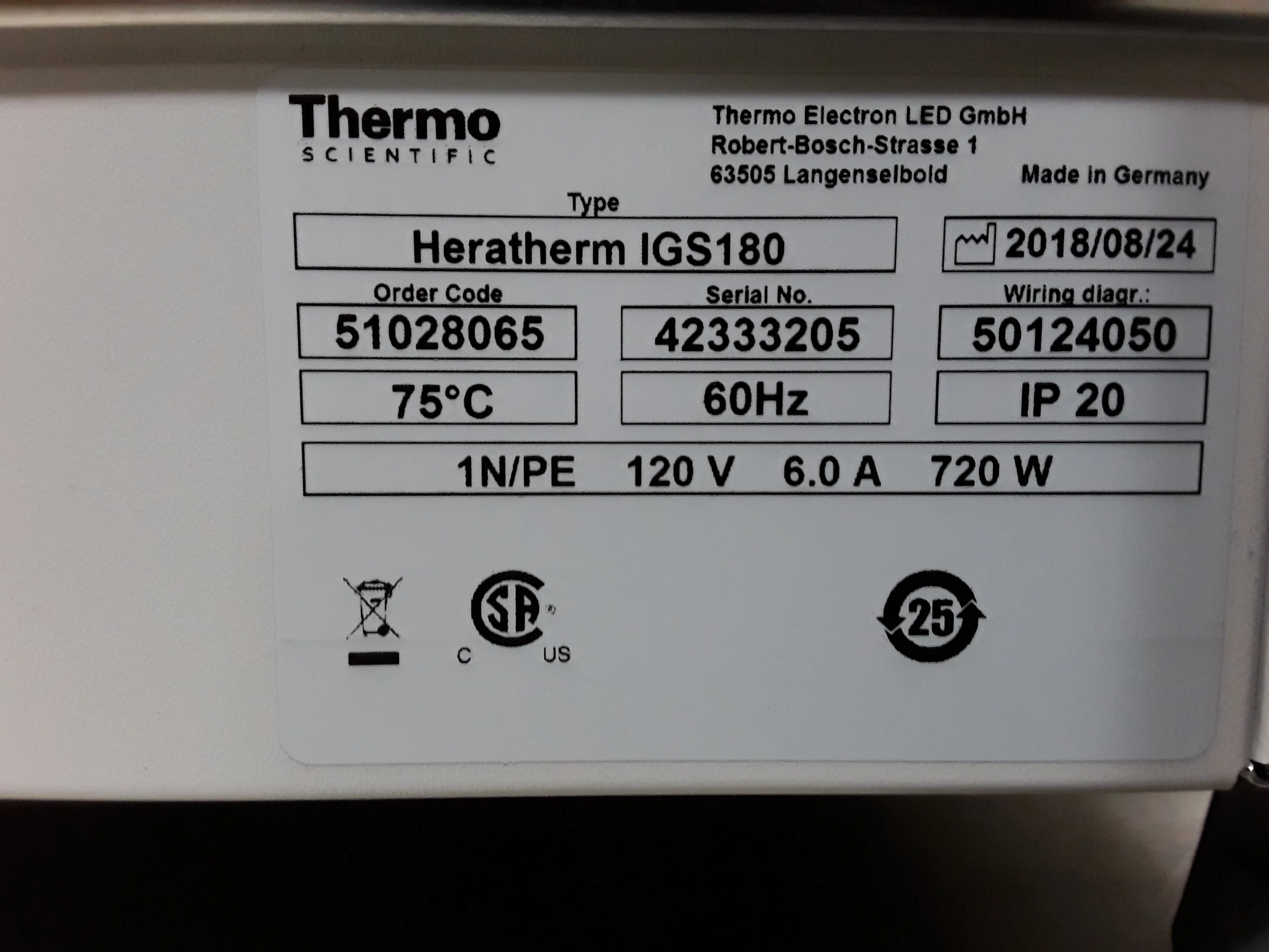 Thermo Heratherm iGS180 51028065 Gravity Convection Incubator 120V 60Hz US