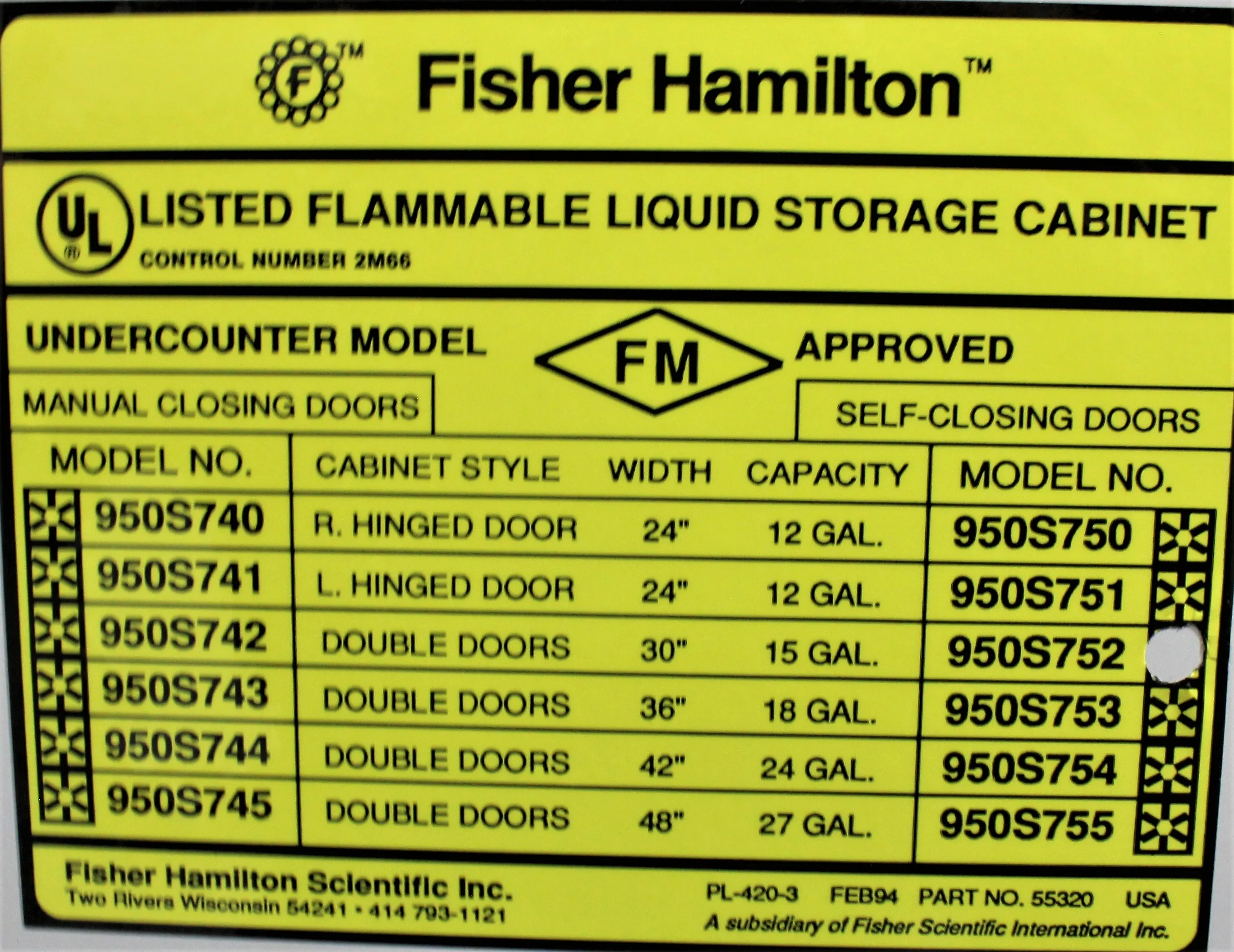 Used Fisher Hamilton 950S752 Flammable Cabinet 15 Gallon Double Doors Self-Closing Doors