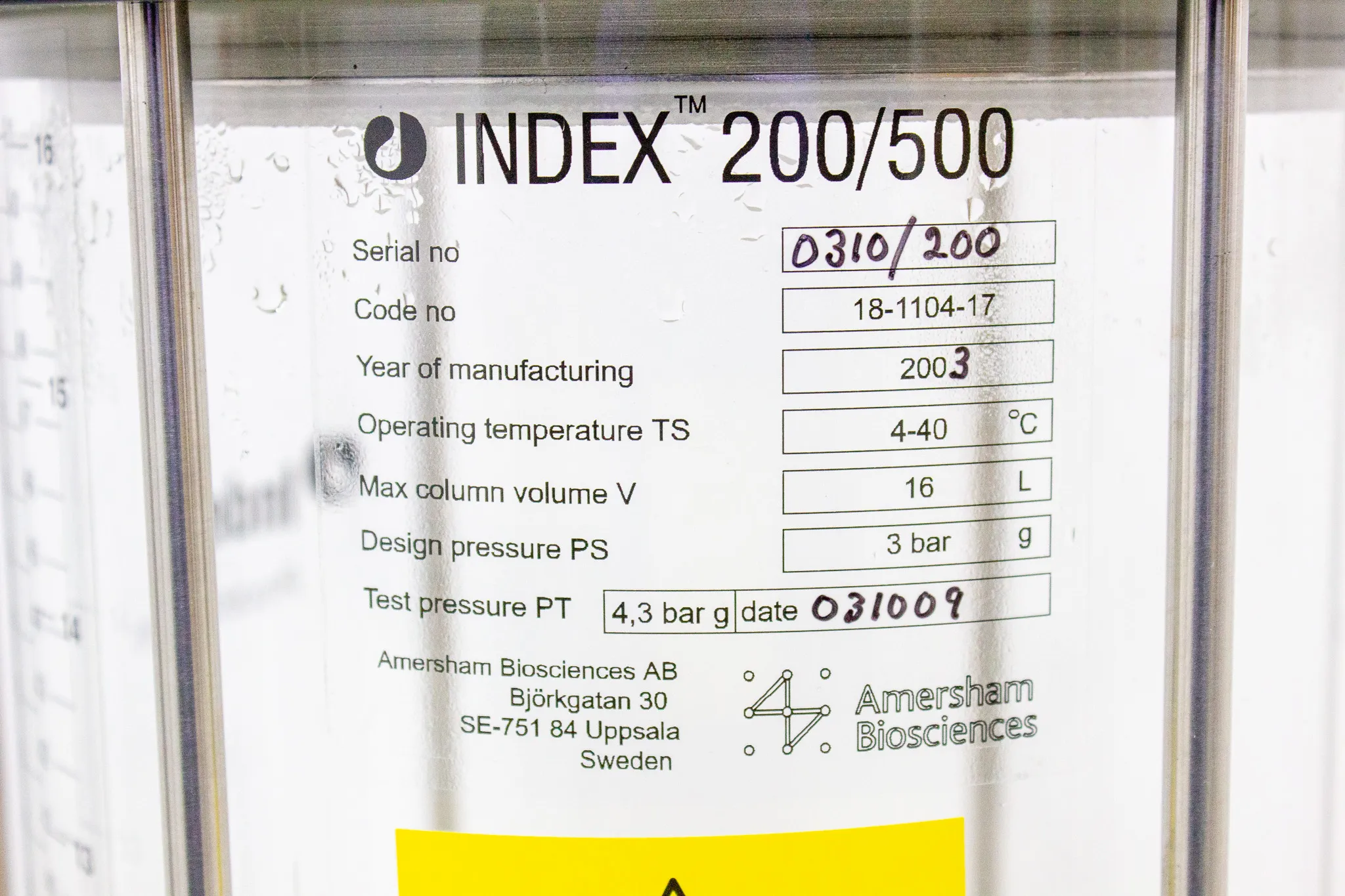 Amersham Biosciences Index 200/500 Process Column 16L P/N 18-1104-17