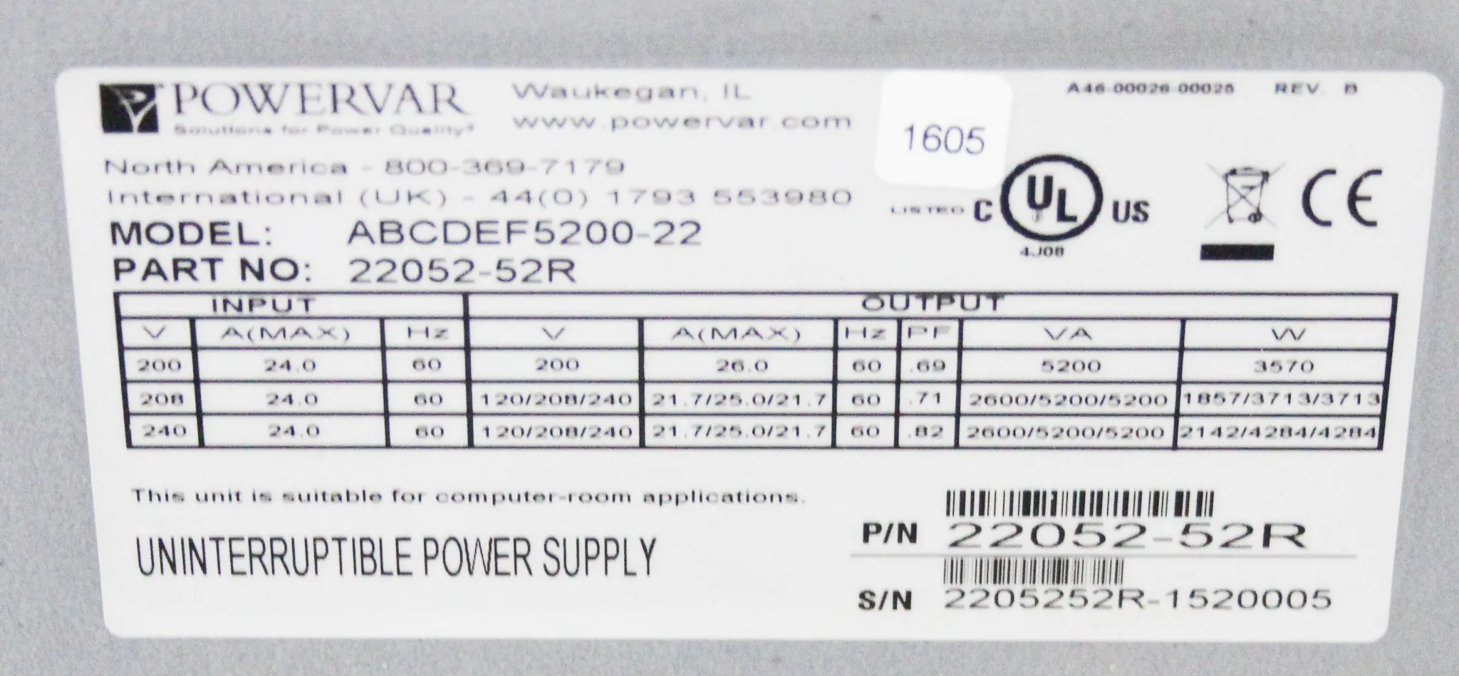 Powervar Security Plus UPS - Model ABCDEF5200-22 5200VA/4680W 220V 60Hz US