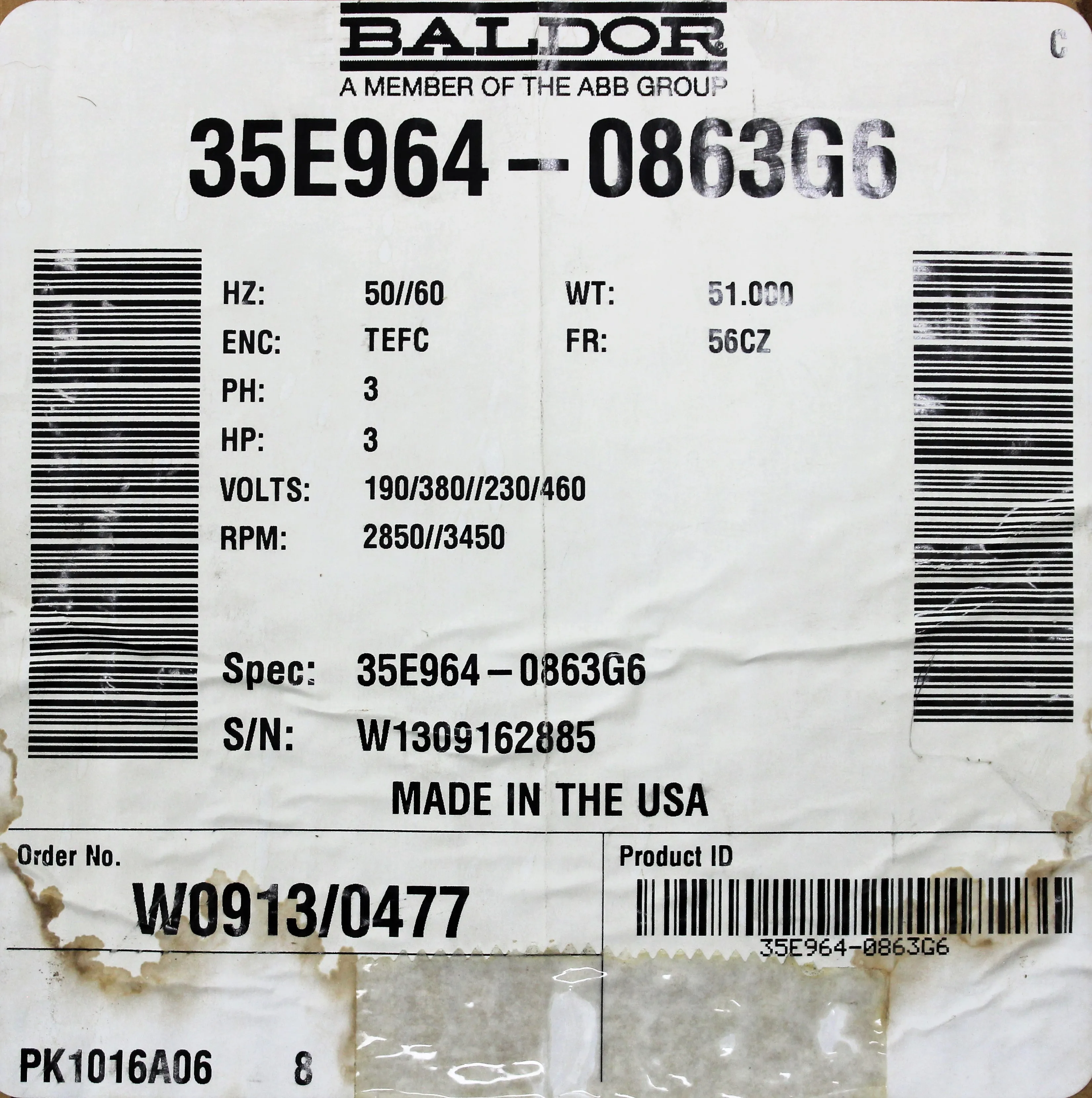 Baldor 35E964-0863G6 AER Control Systems Motor 3HP