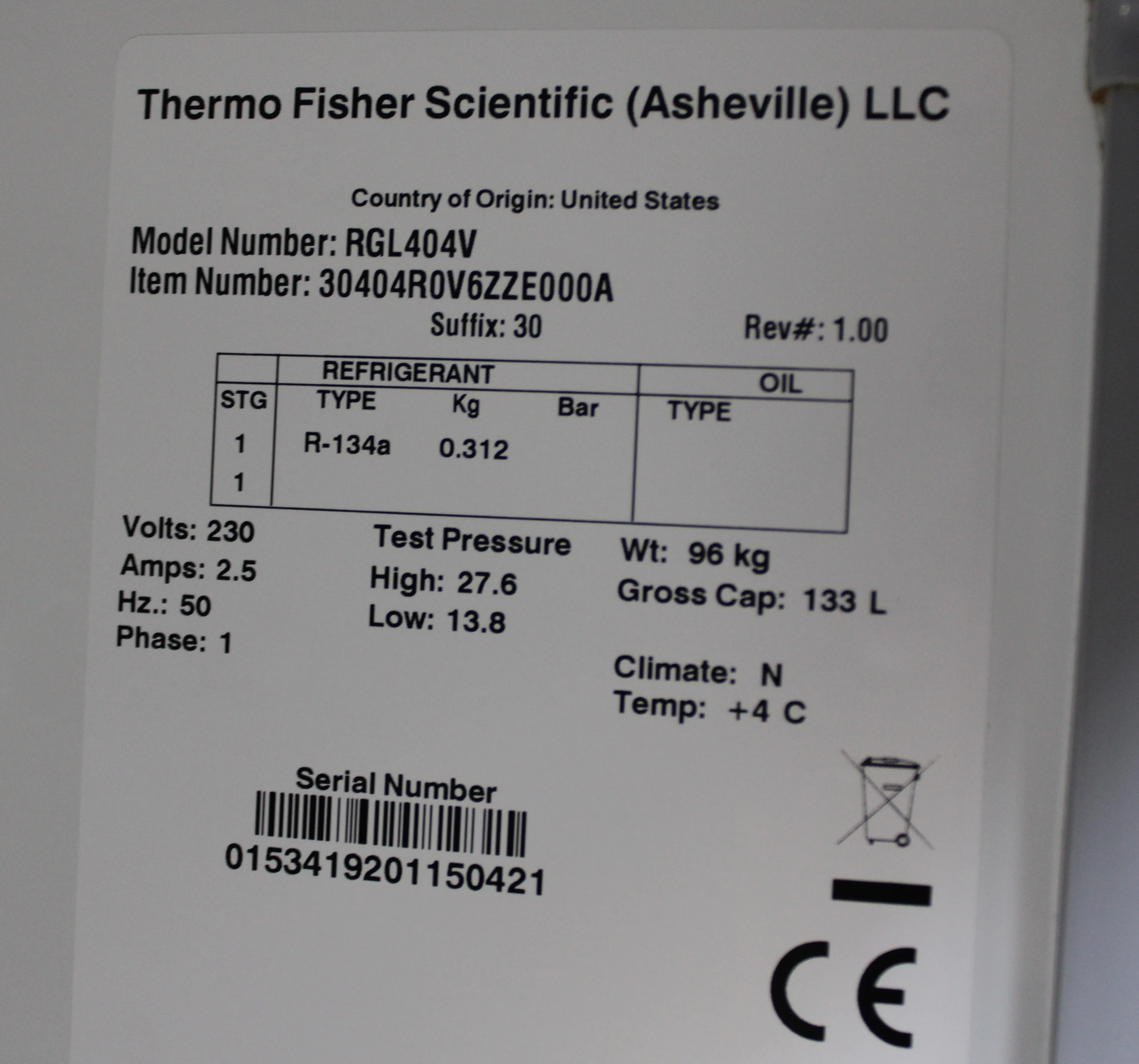 Thermo Fisher +4C Refrigerator RGL404V