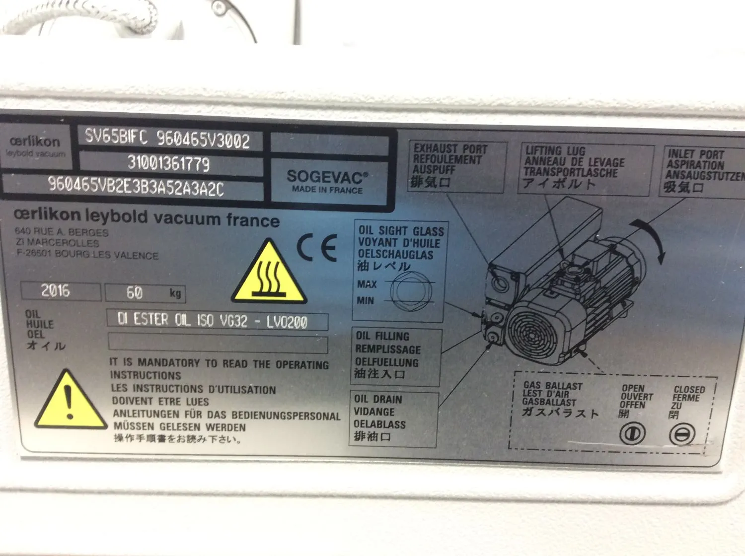 Used Sogevac SV65 BI FC Vacuum Pump 1.1 Torr, Excellent Overall Condition, Fully Functional