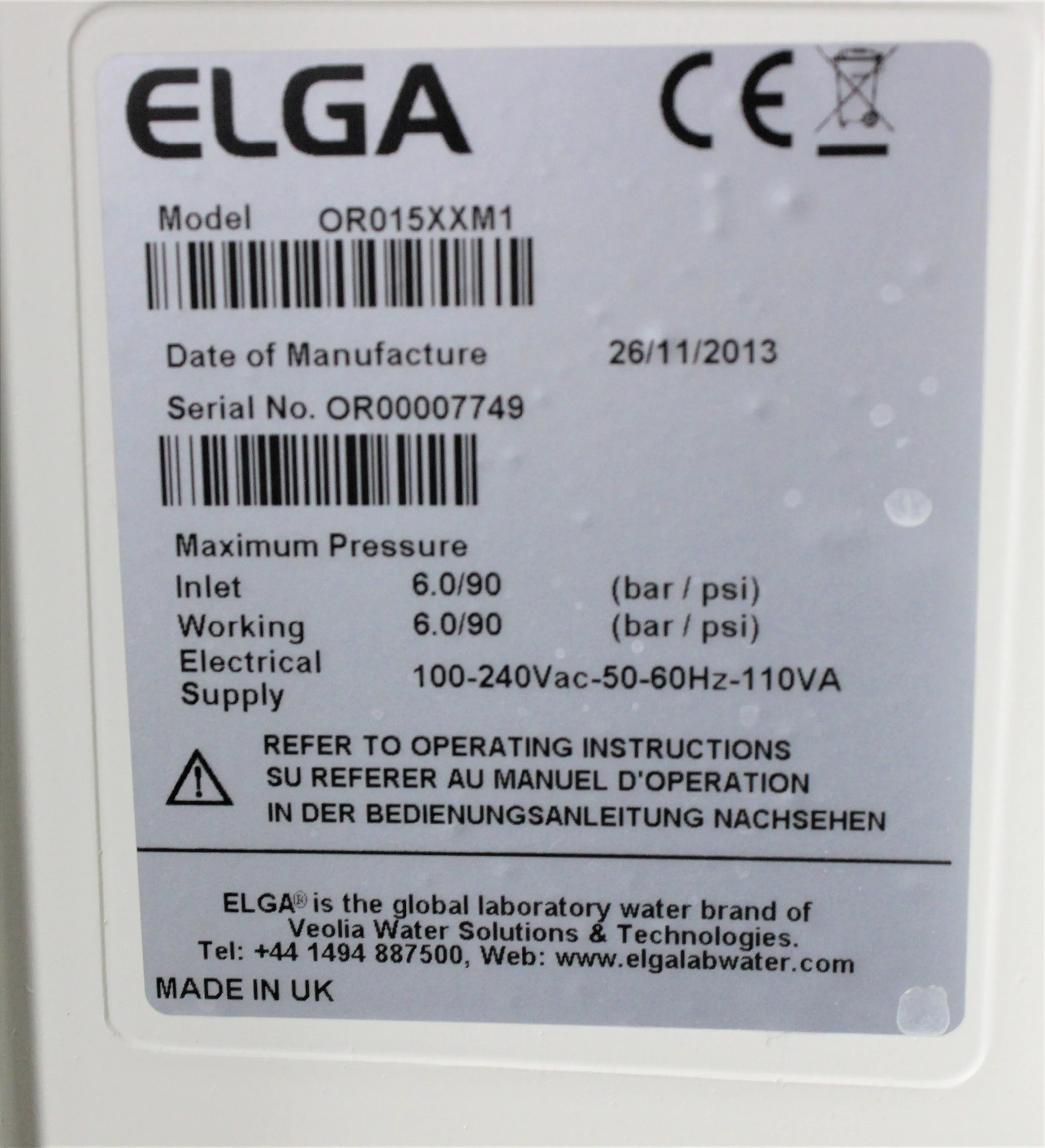 Elga PURELAB Option-R OR015XXM1 Water Purification System 120V/220V 50Hz/60Hz Used