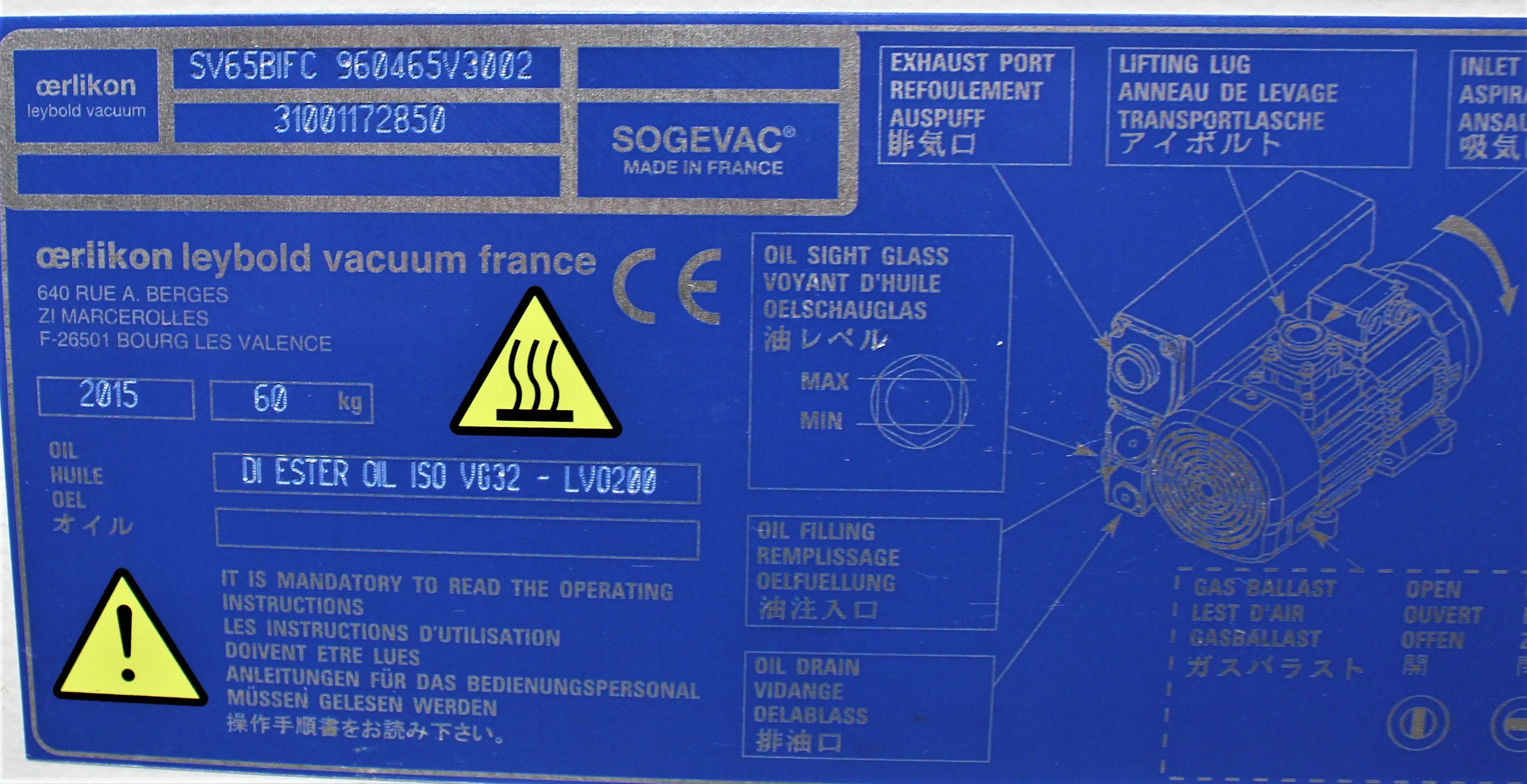 Used Leybold Sogevac SV40/65 BI FC Vacuum Pump 120V/220V 60Hz US 31001172850