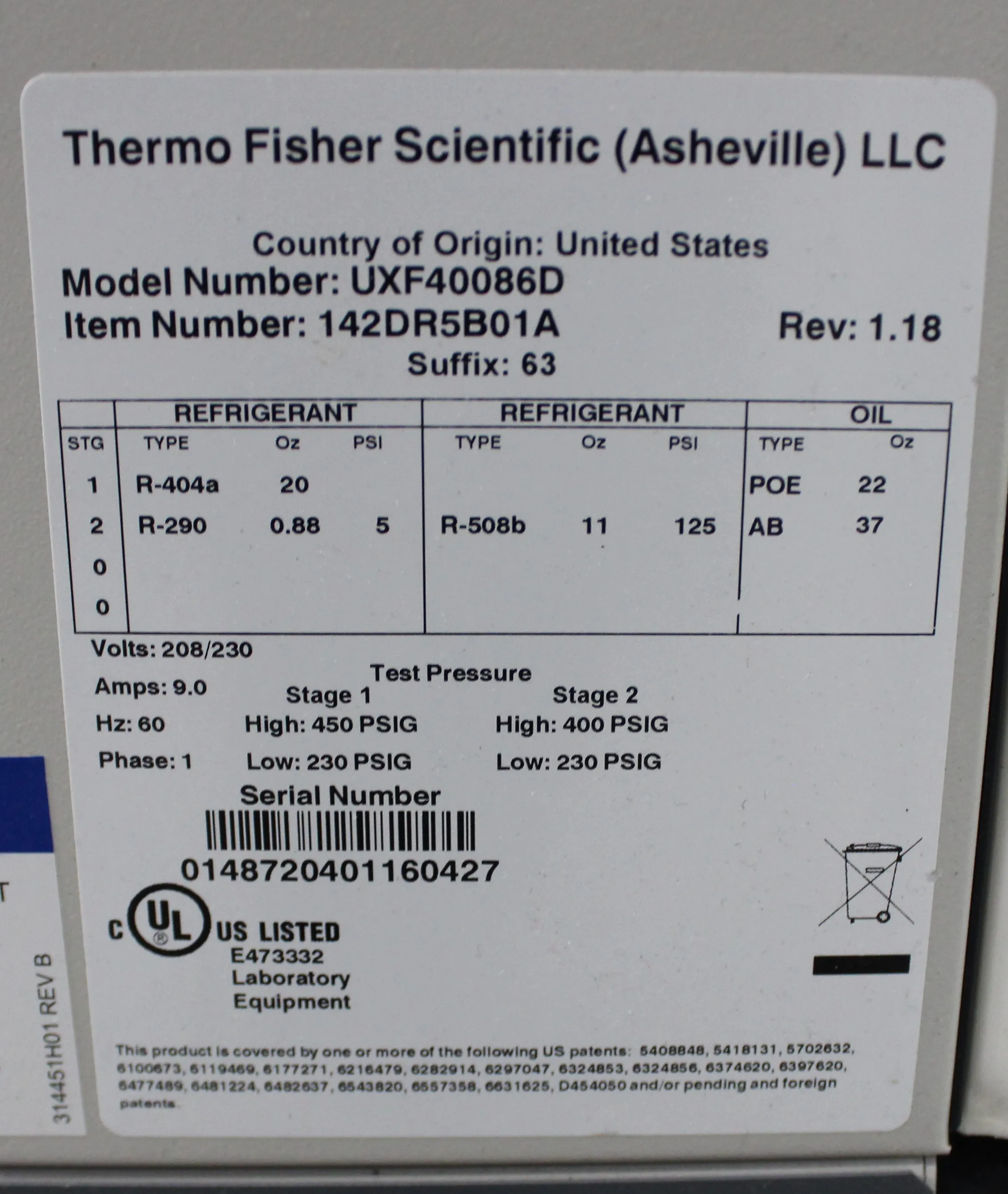 Thermo Fisher Revco UxF -86C Upright Ultra-Low Temperature Freezer