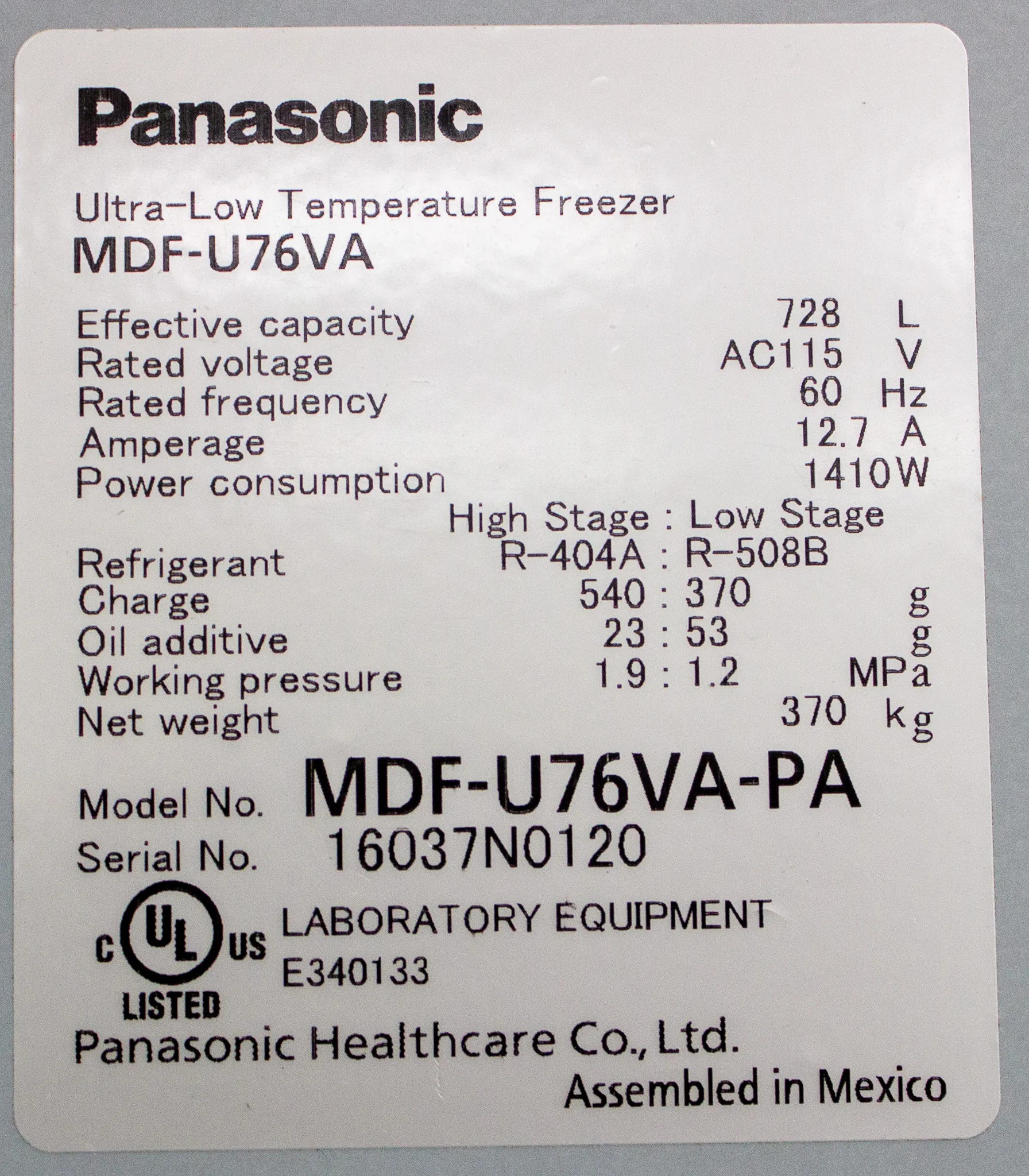 Panasonic VIP Plus Series MDF-U76VA-PA Ultra Low Temperature Freezer MDF-U76VA-PA Used 30-Day Warranty