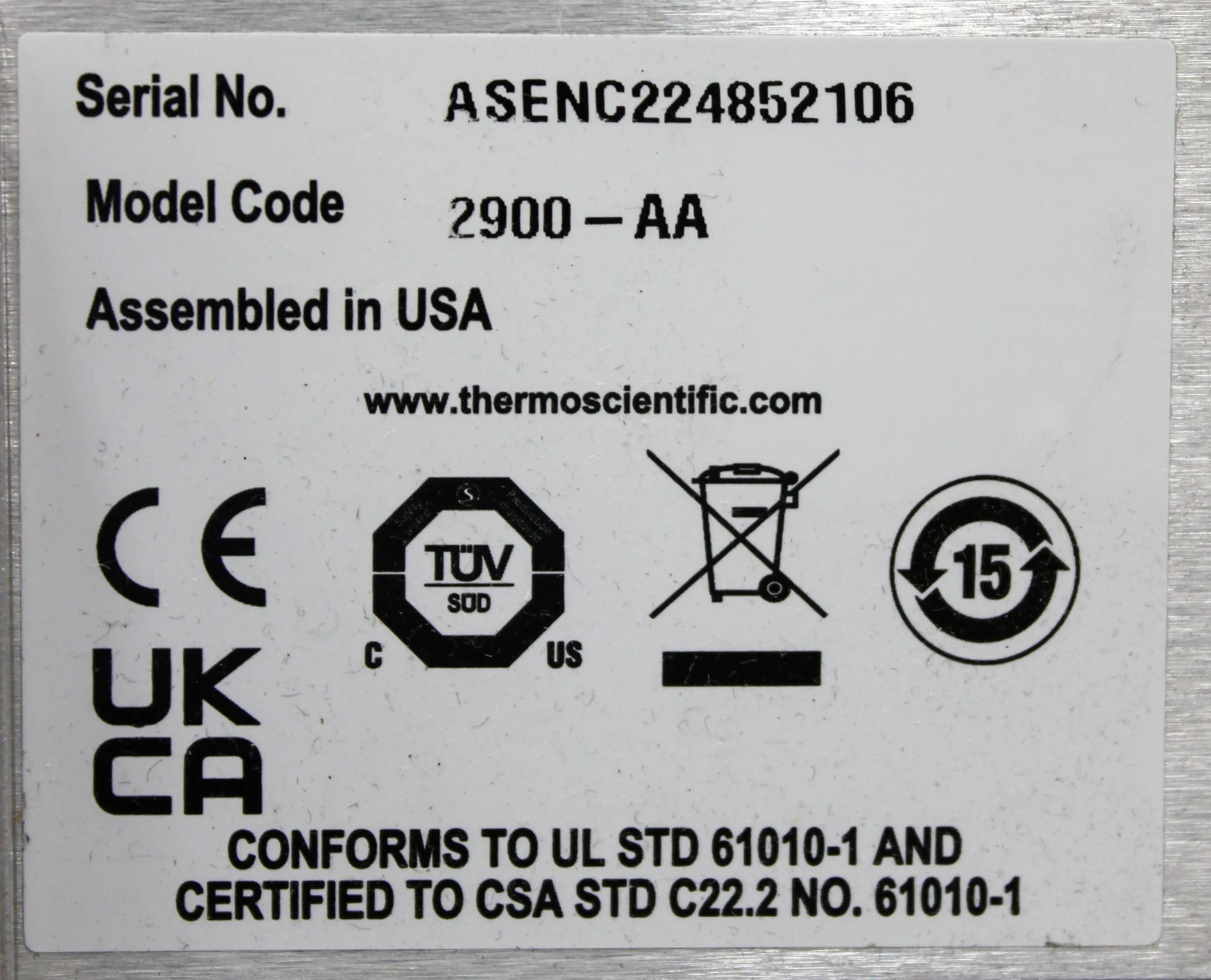 Thermo Scientific 2900-AA Aerosol Sense Bioaerosol Sampler 100/240VAC 50/60Hz 125W TUV-SUD, CE, UKCA, ROHS