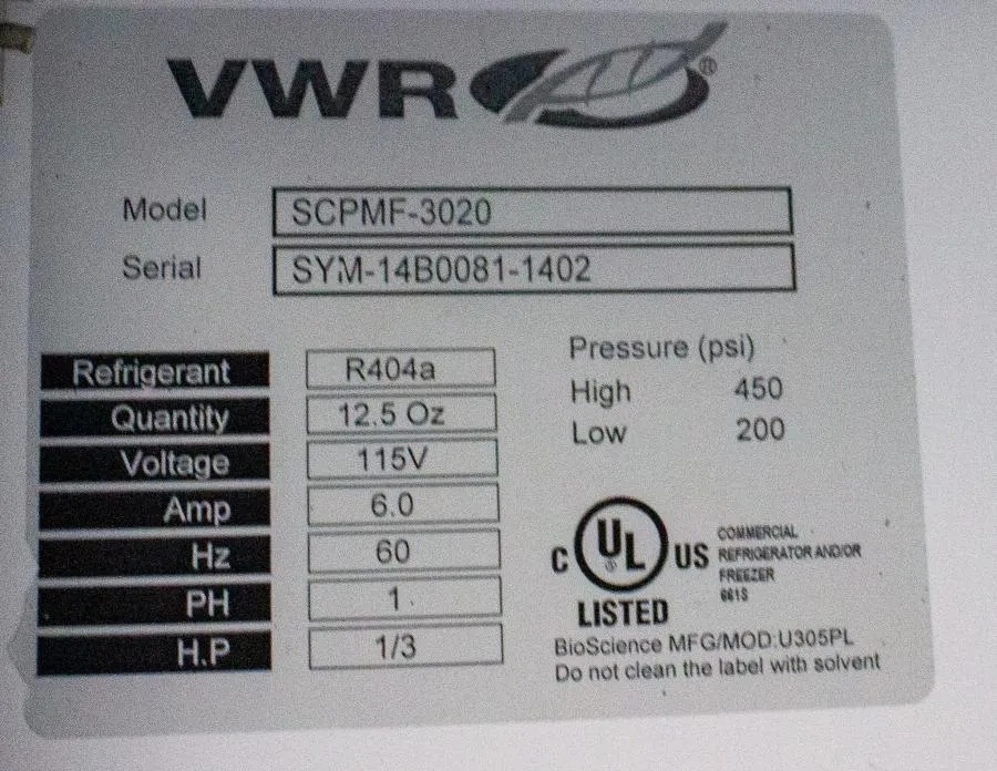 VWR Symphony SCPMF-3020 Solid Door Laboratory Plus Freezer -20C