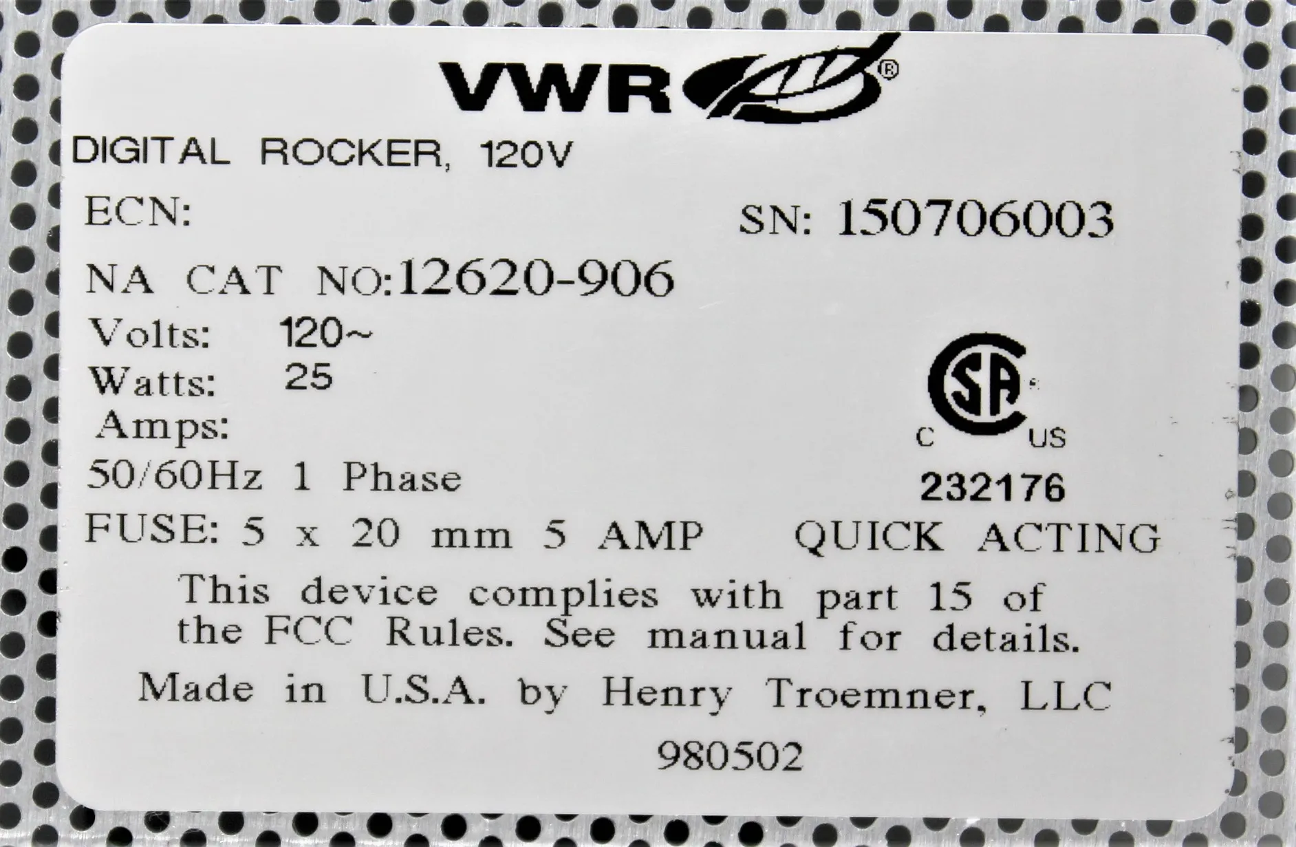 VWR Digital Rocker Laboratory Equipment with 30-Day Warranty