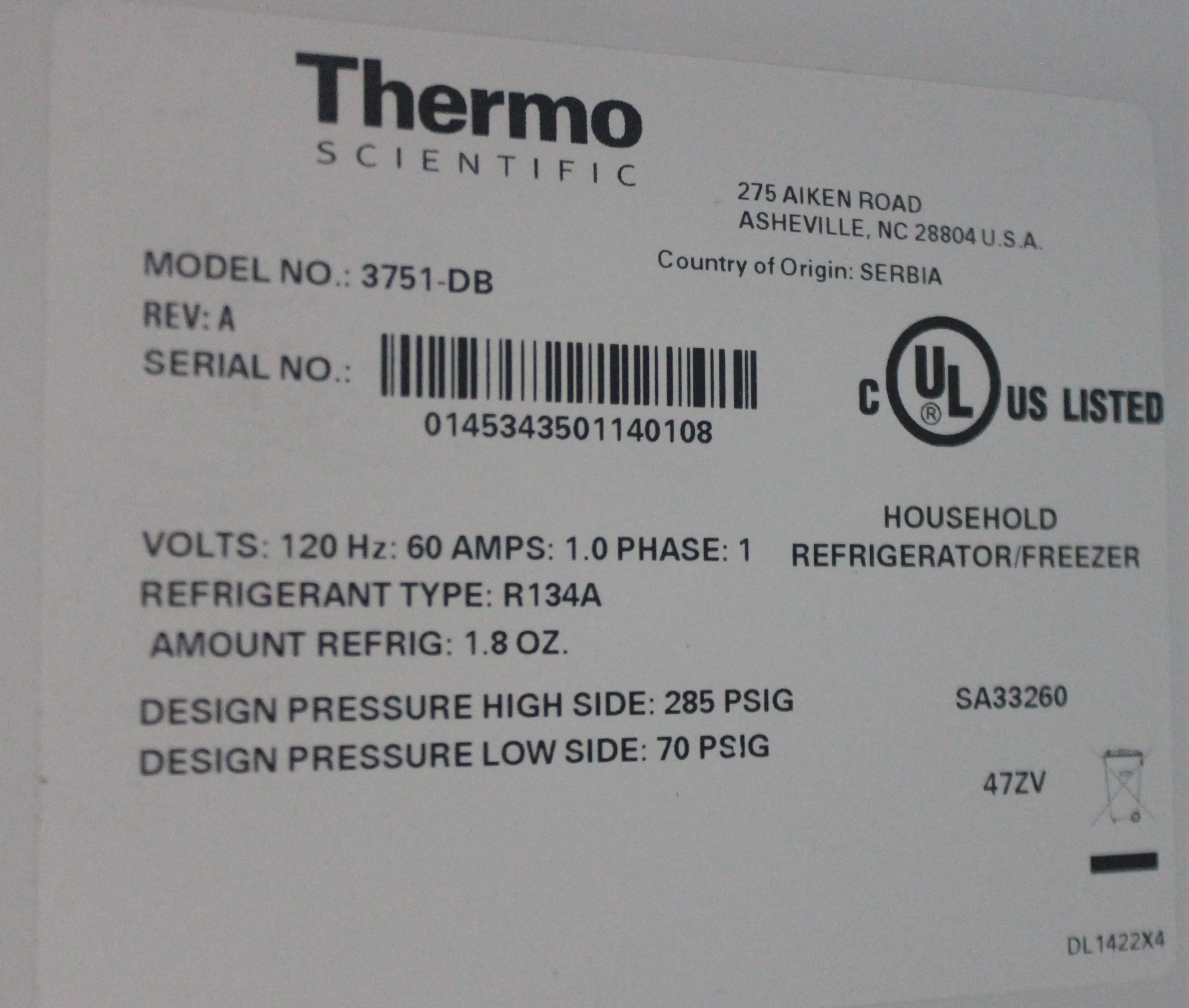 Thermo Scientific Value Laboratory Refrigerator 3751-DB