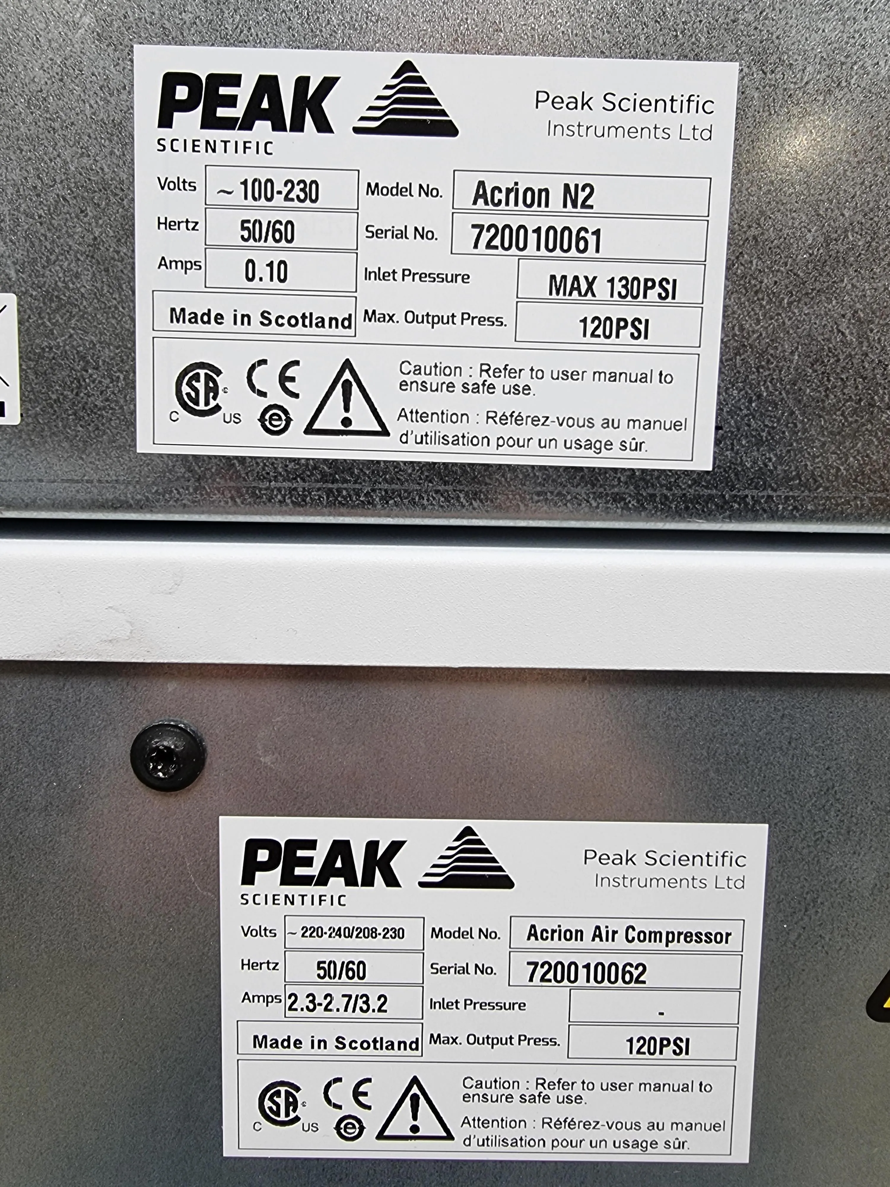 Peak Scientific Acrion N2 Nitrogen Generator & Acrion Air Compressor