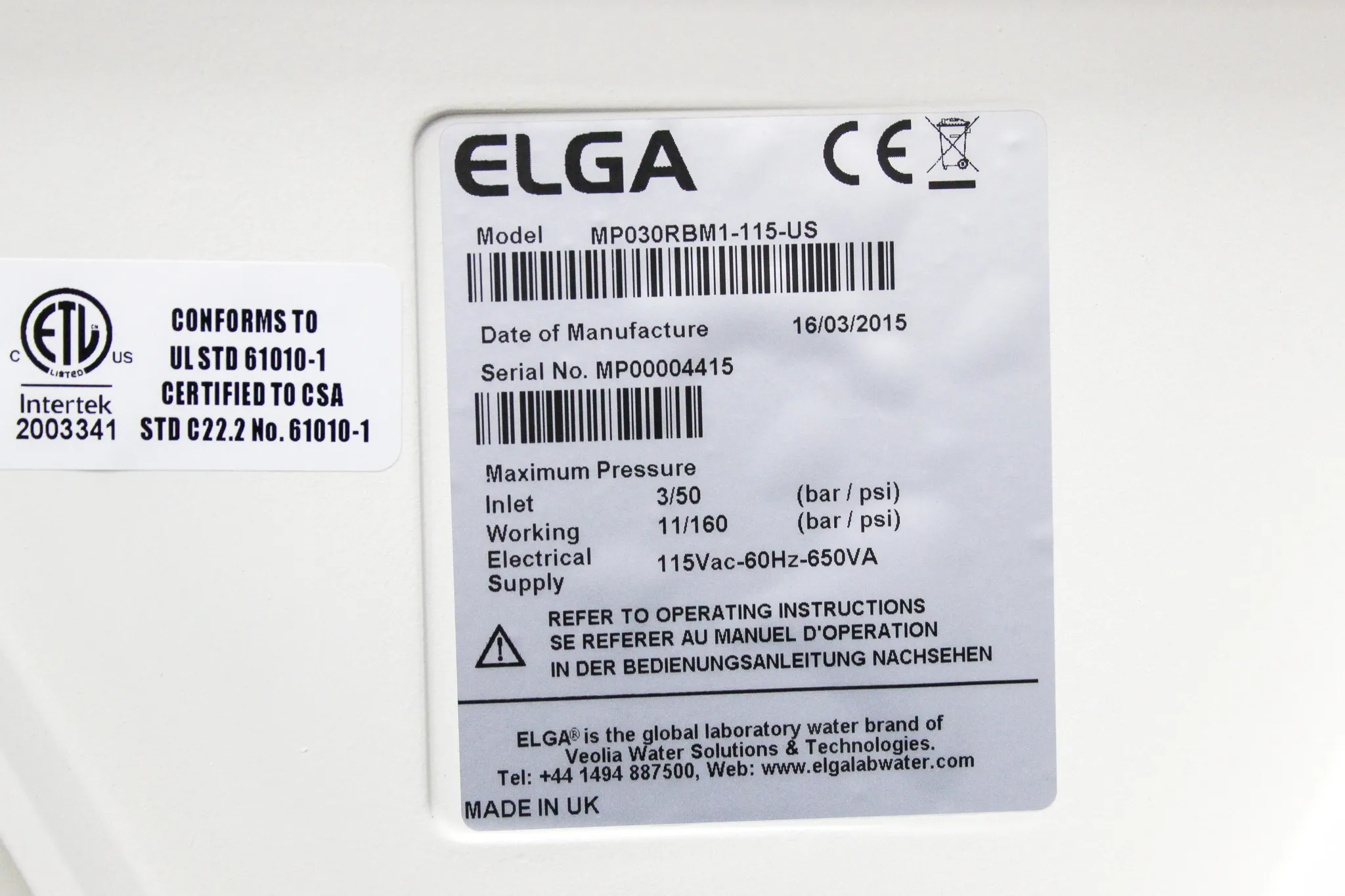 Elga Medica Pro MP030RBM1 Water Purification System 30L/hr with 30-Day Warranty