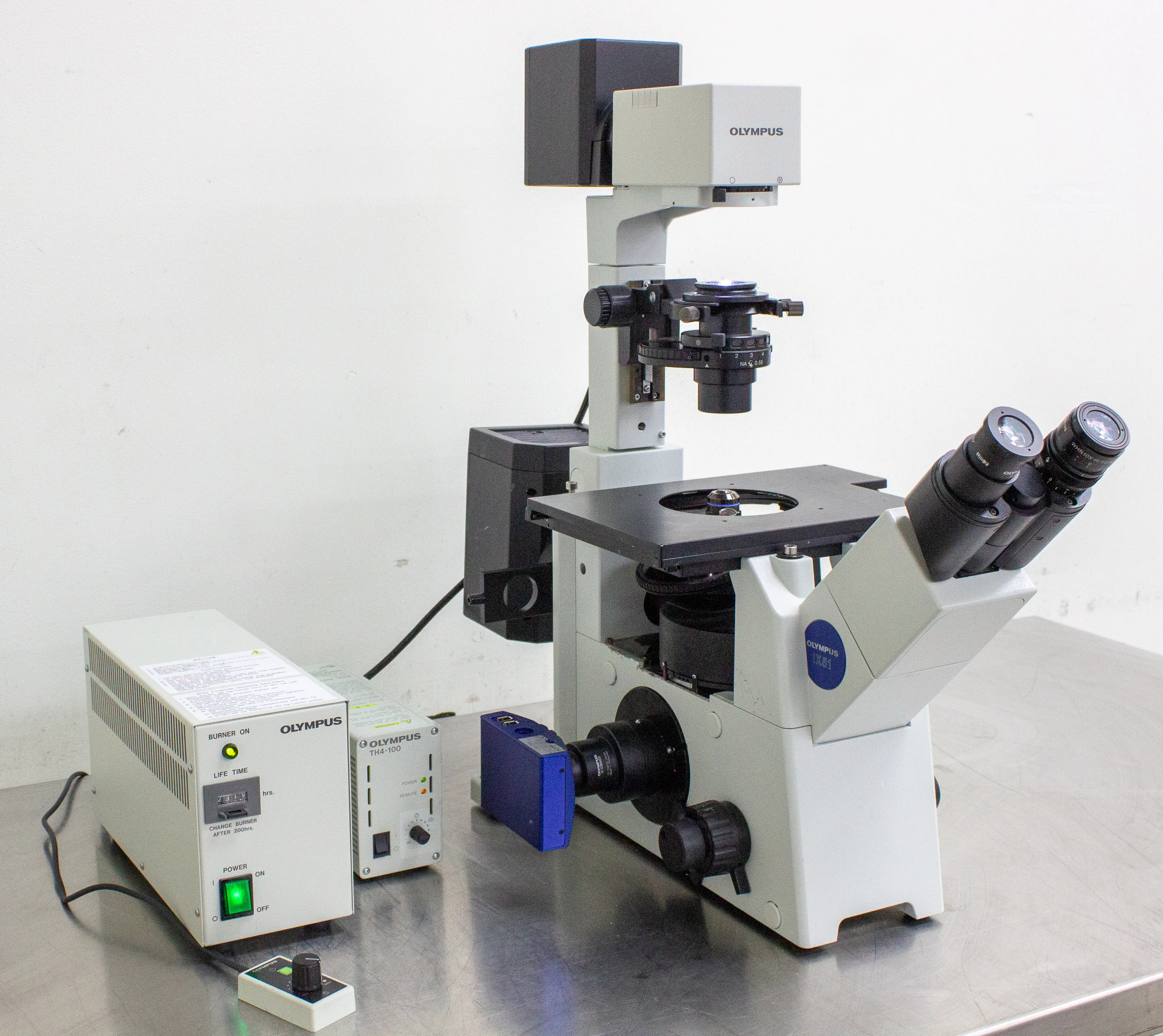 Olympus IX51 Inverted Fluorescence Microscope IX2-ILL100 with TH4-100 External Power Supply and BH2-RFL-T3 Power Supply for Mercury Burner