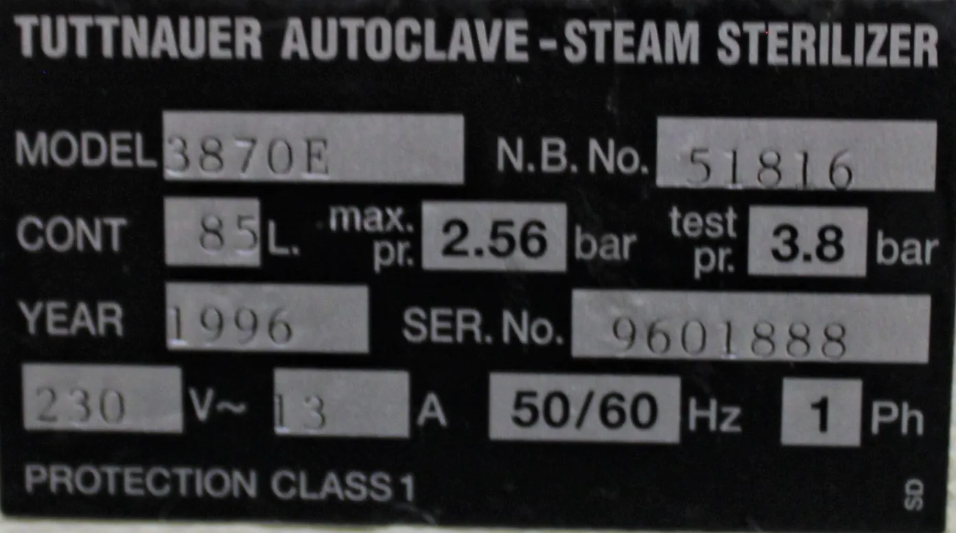 Tuttnauer 3870E Large Capacity Autoclave Sterilizer 230V 60Hz US