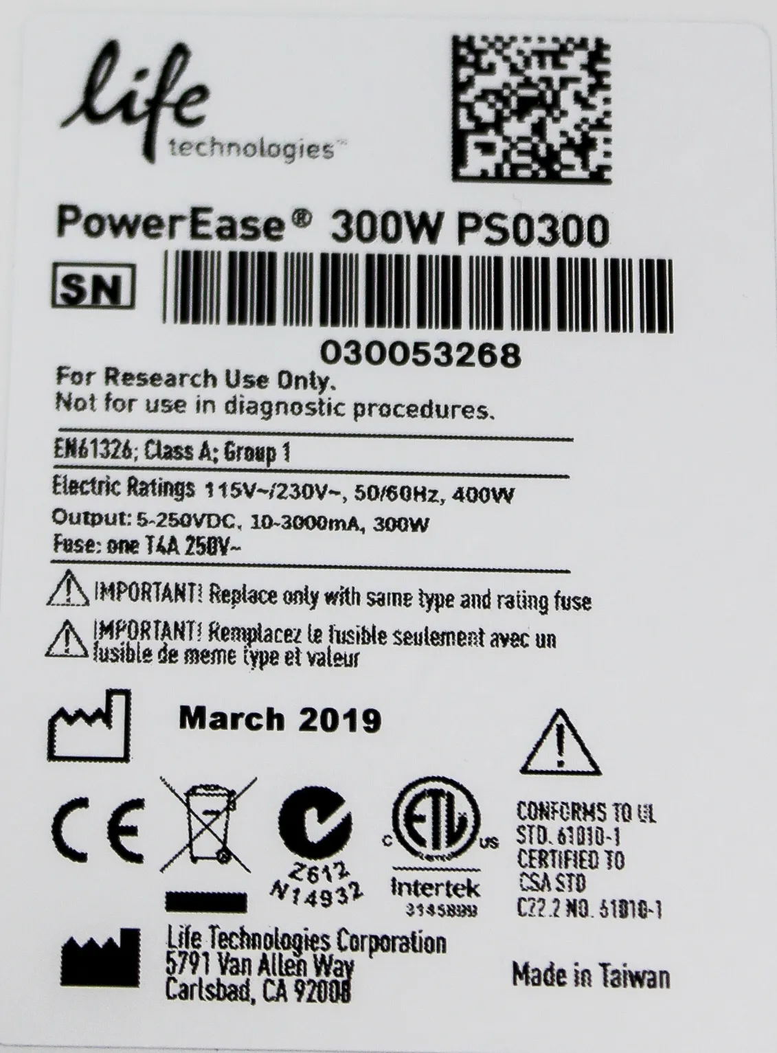 Life Technologies PowerEase 300W PS0300 Class 1 Used Electrophoresis Equipment