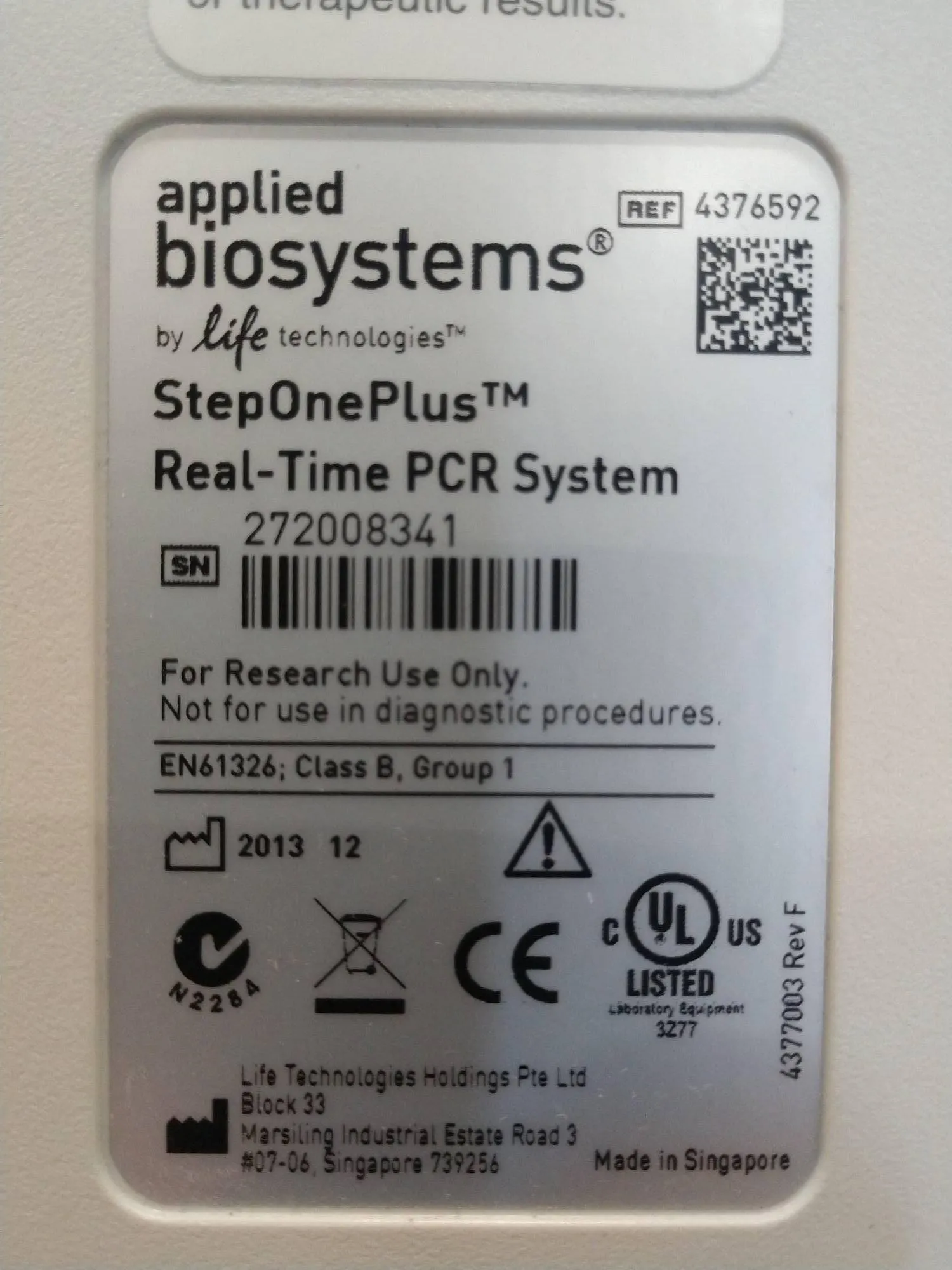 Applied Biosystems Step One Plus Real Time PCR System # 272008341