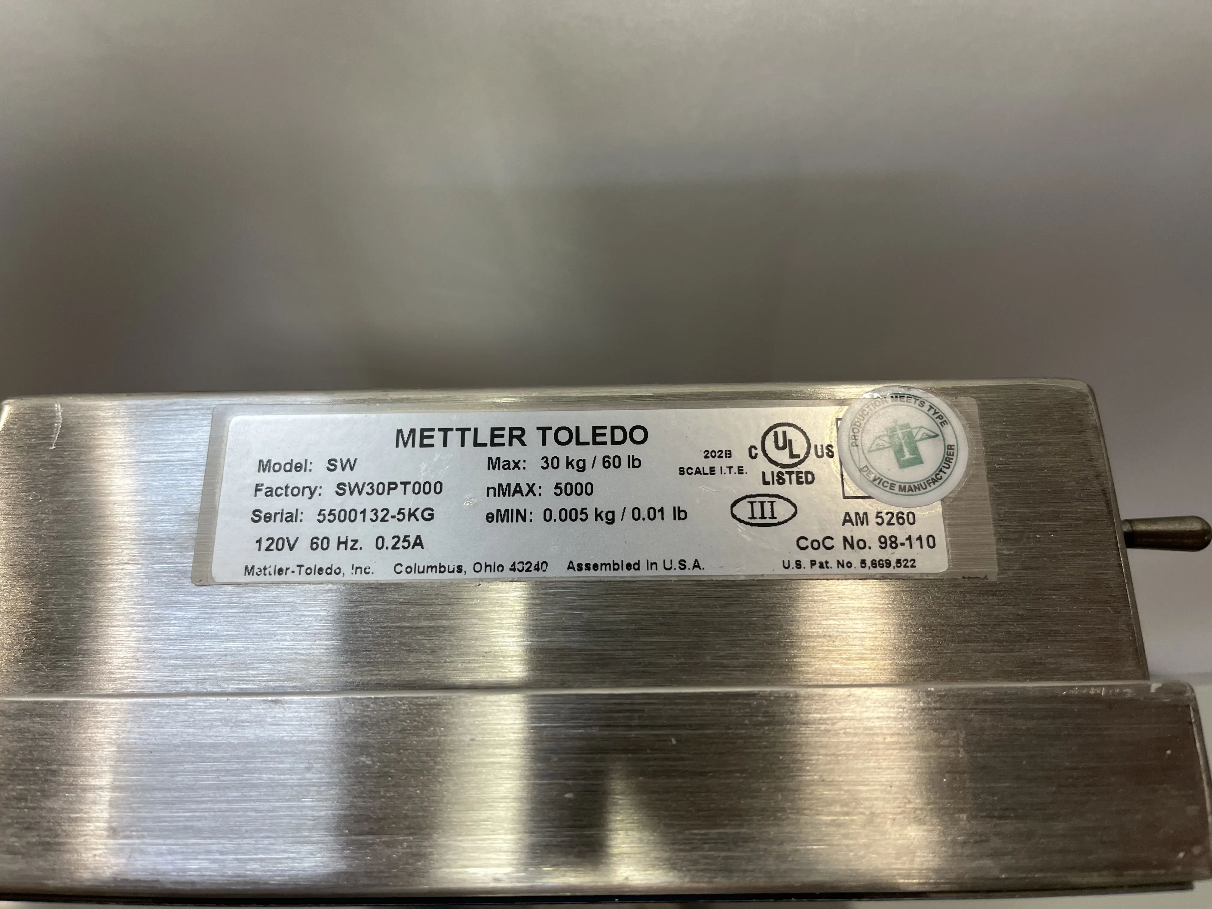 Mettler Toledo Speed Weigh Scale Model SW 60LB 30kg Stainless Steel Food Medica FOB: Frederick, MD