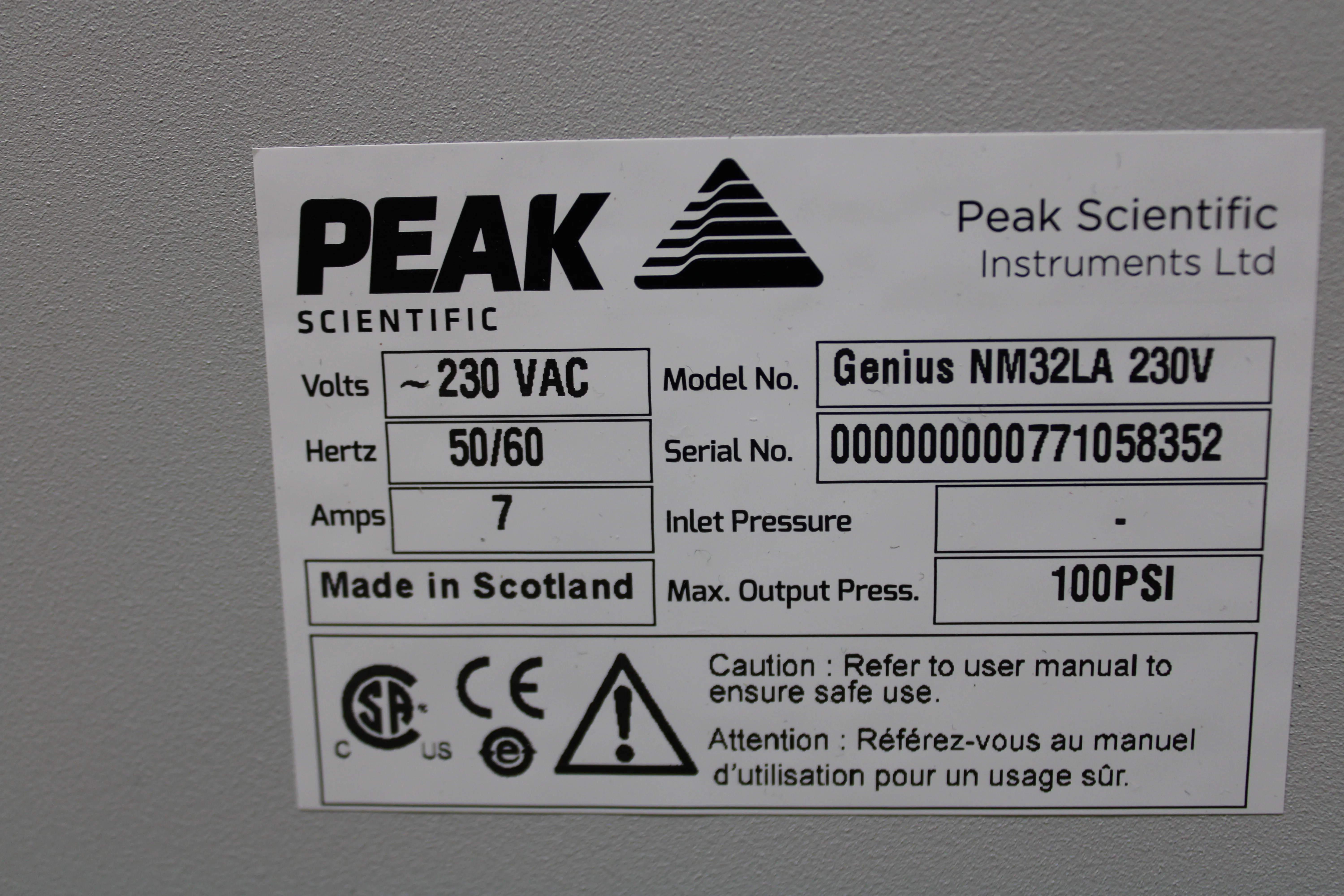 Peak Scientific NM32LA Genius Nitrogen Generator Used VG (Very Good) Condition 230V 50Hz/60Hz 000000000771058352