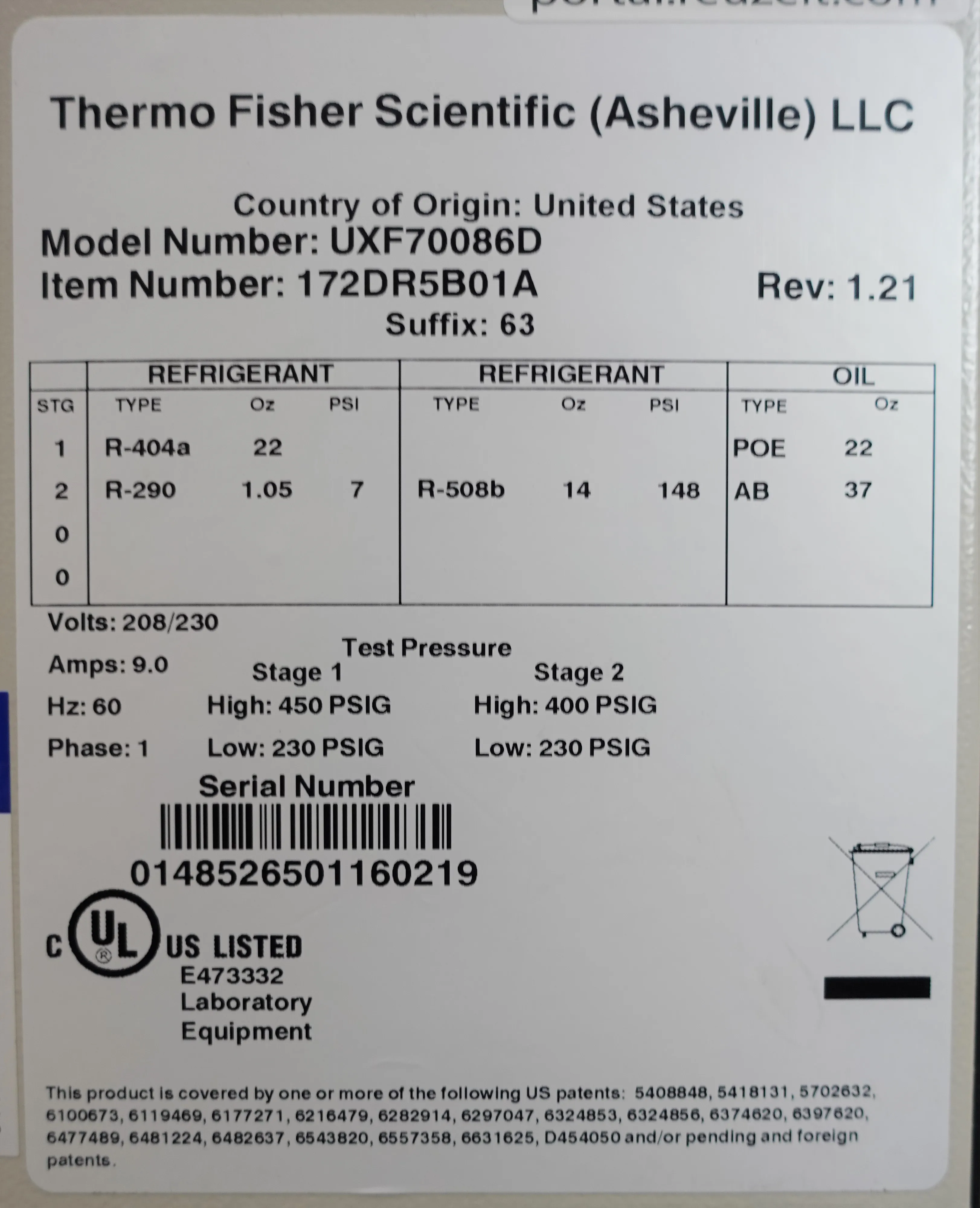 Thermo Revco UXF70086 ULT Freezer -86C, Used