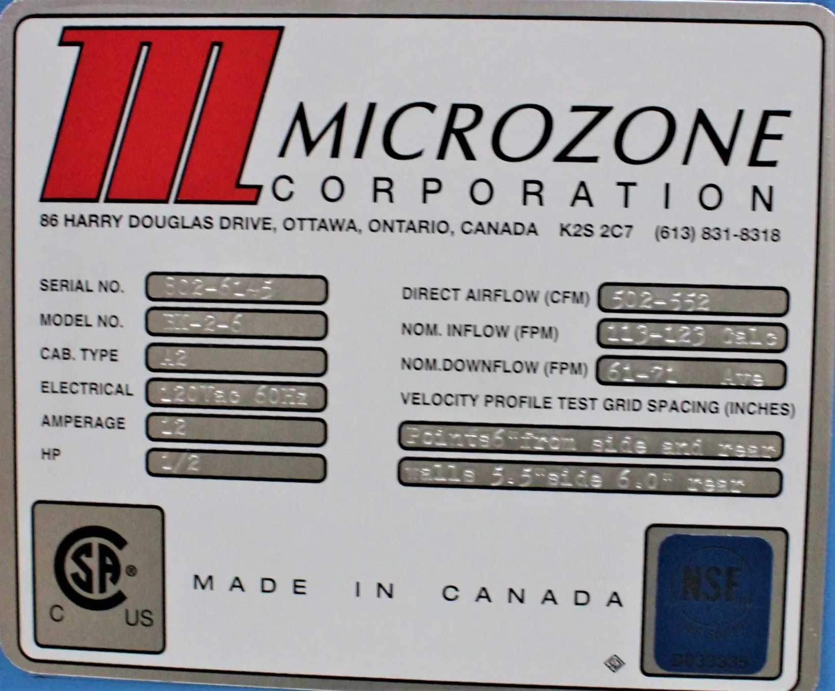 Microzone Corporation BK-2-6 Biosafety Cabinet