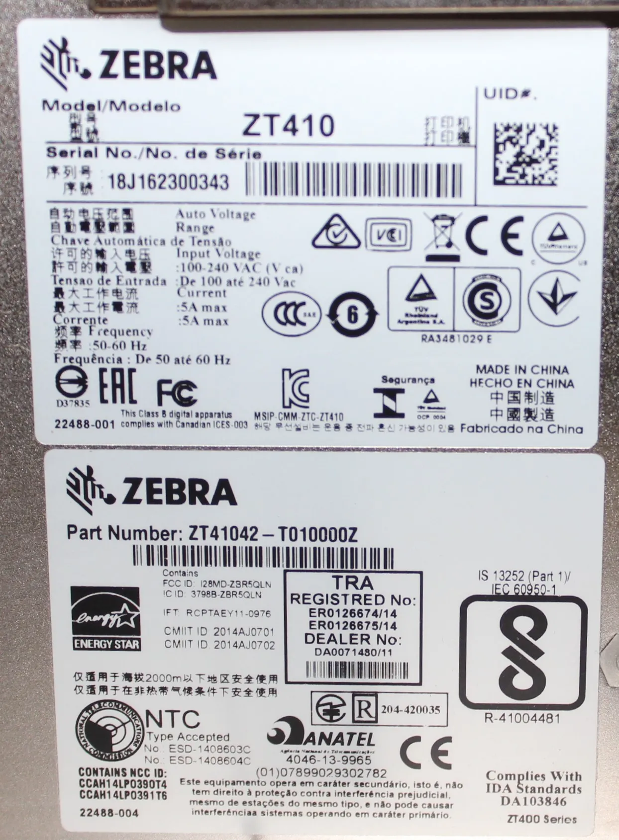 Zebra Industrial Thermal Transfer Tabletop Label Printer ZT410