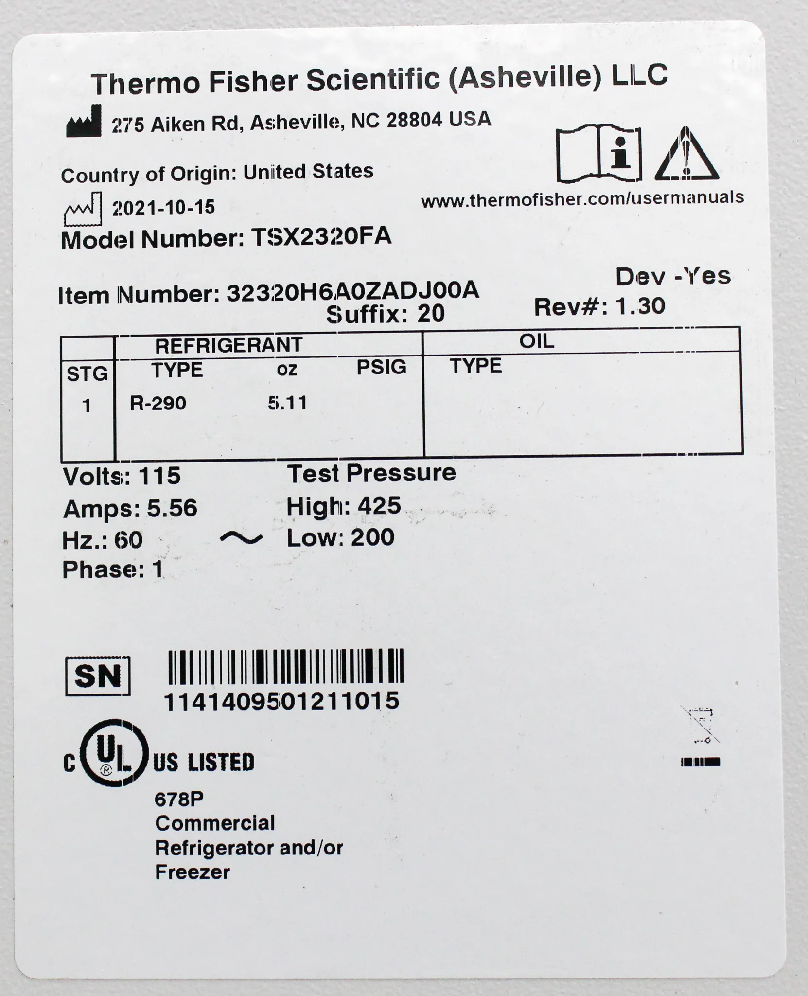 Used Thermo Fisher Scientific TSX2320FA -20C Manual Defrost Lab Freezer