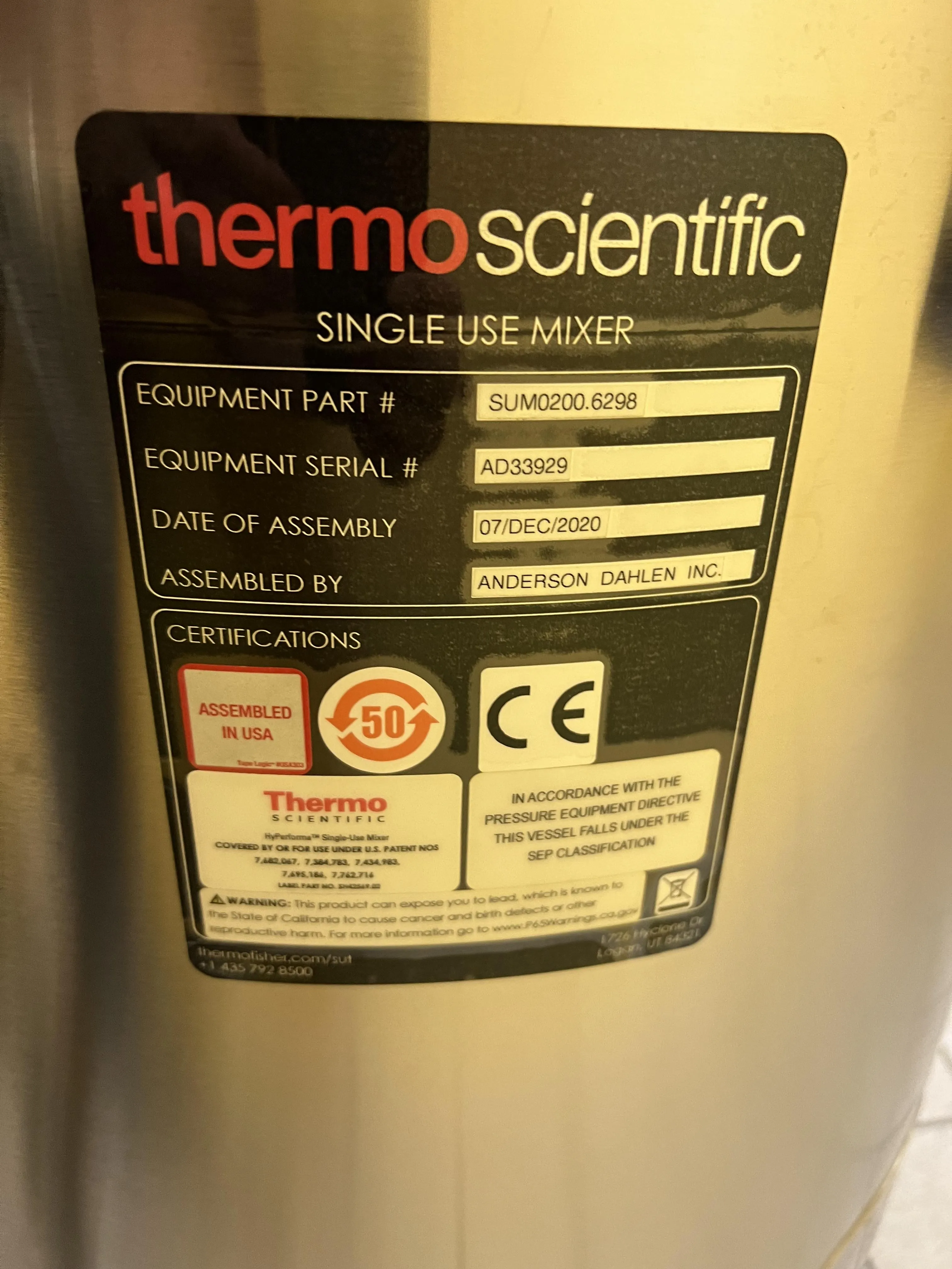 Thermo Fisher HyPerforma S.U.M. 200L Single User Mixer w/Touchscreen Console