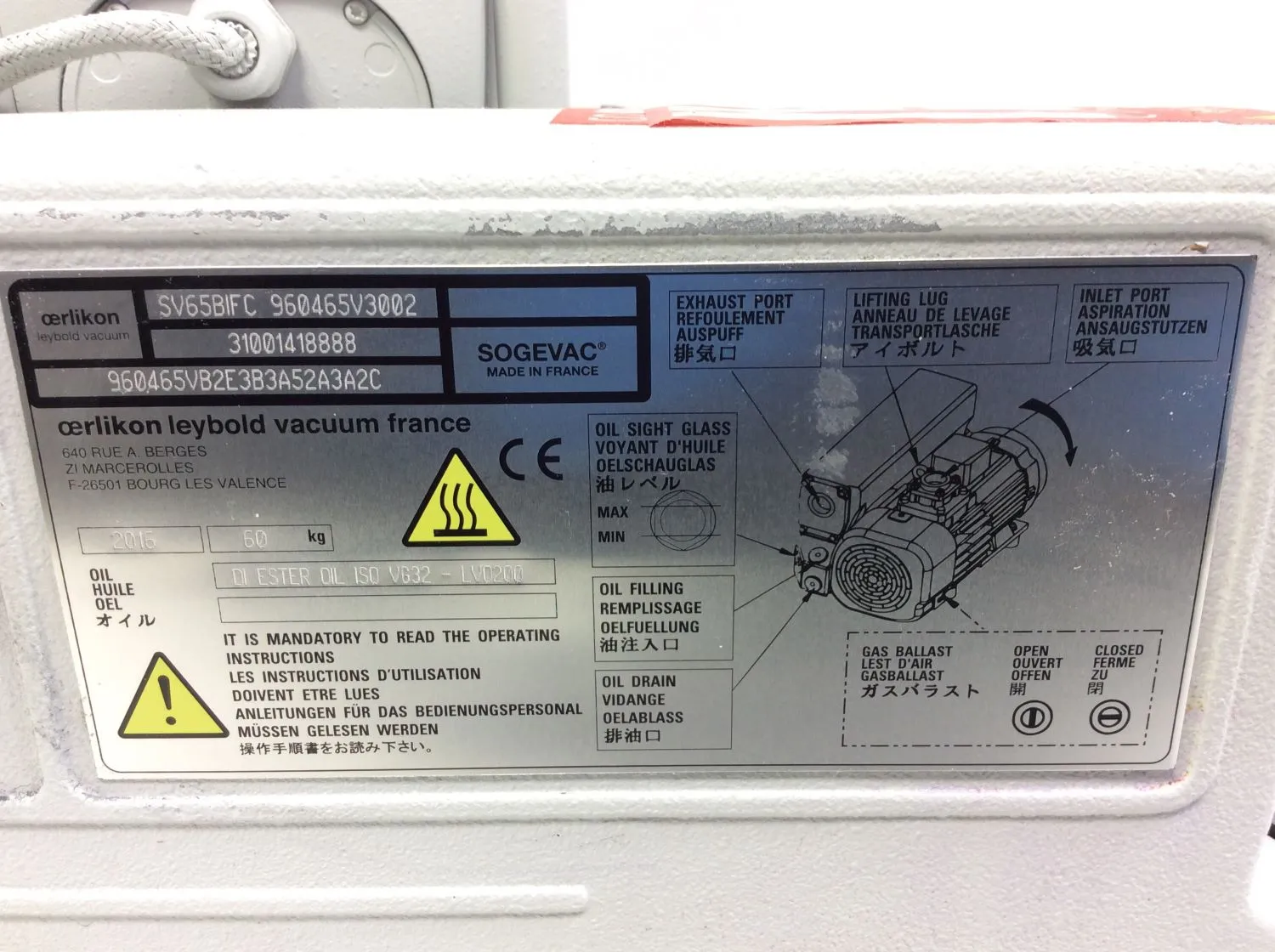 Sogevac SV65 BI FC Vacuum Pump 1.1 Torr - Not Working - AS IS