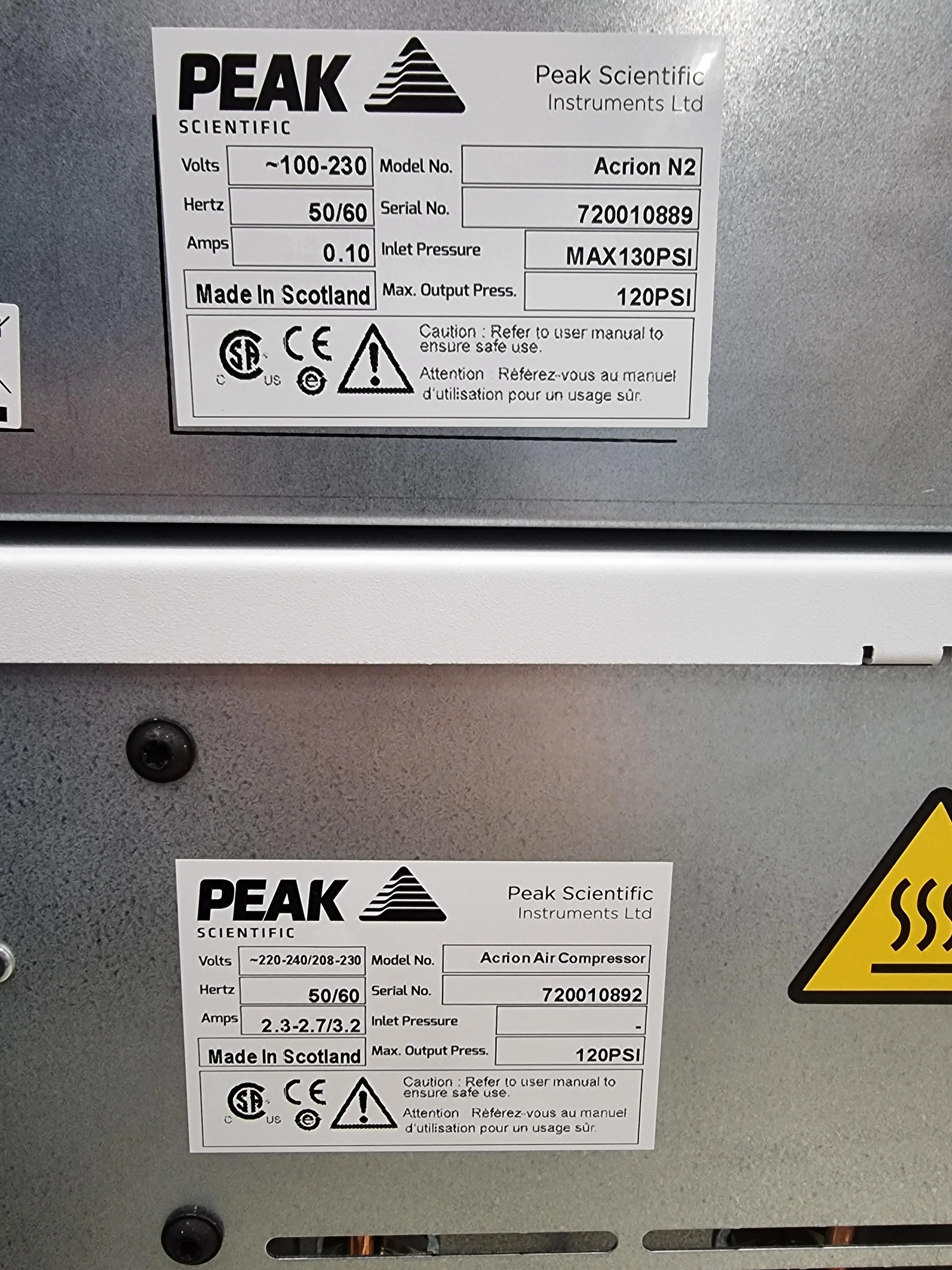 Used Peak Scientific Acrion N2 Nitrogen Generator & Acrion Air Compressor - 120V/220V, 50Hz/60Hz